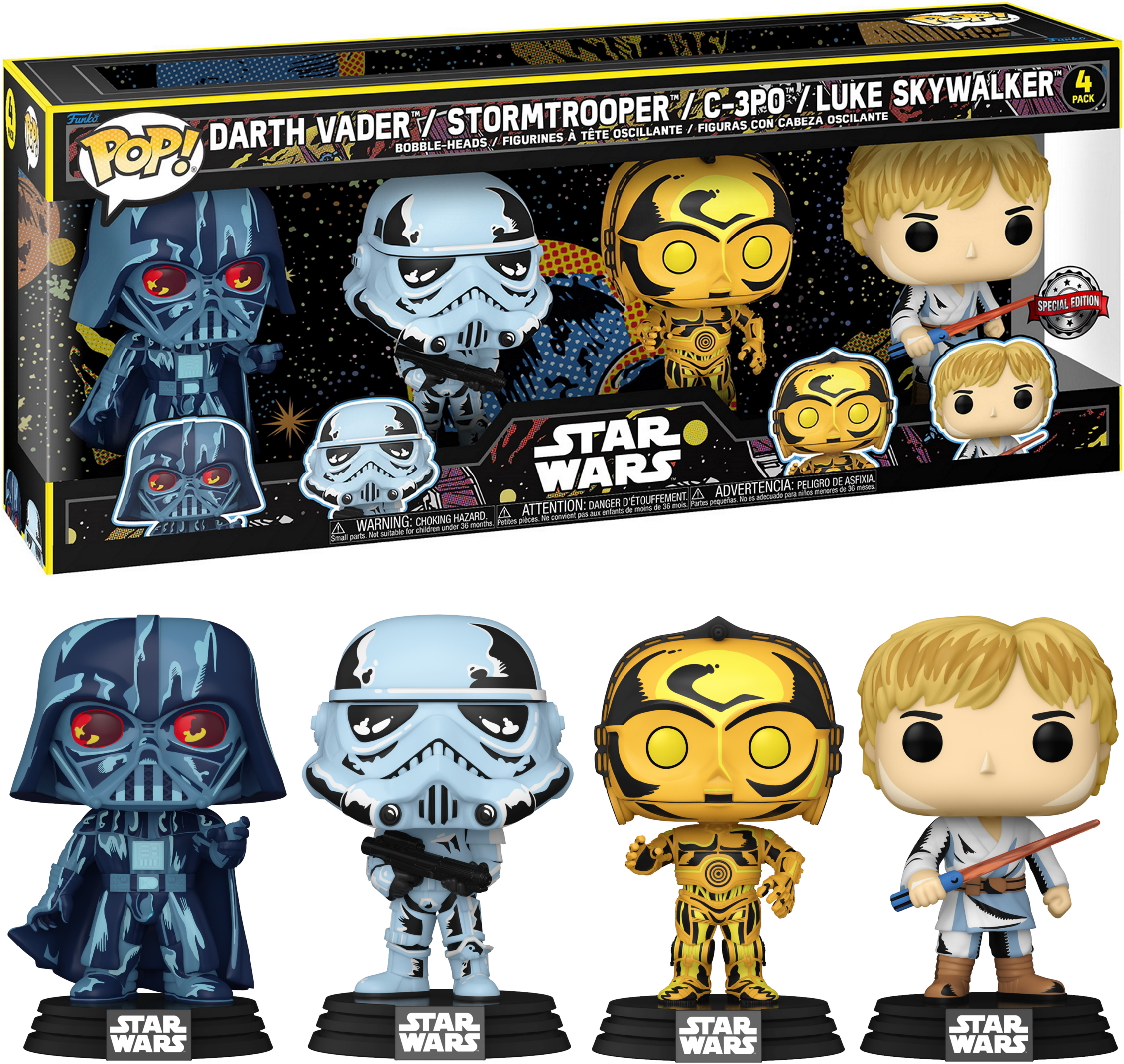 Cztery figurki Pop Star Wars: Darth Vader, Stormtrooper, C-3PO i Luke Skywalker, w pudełku.