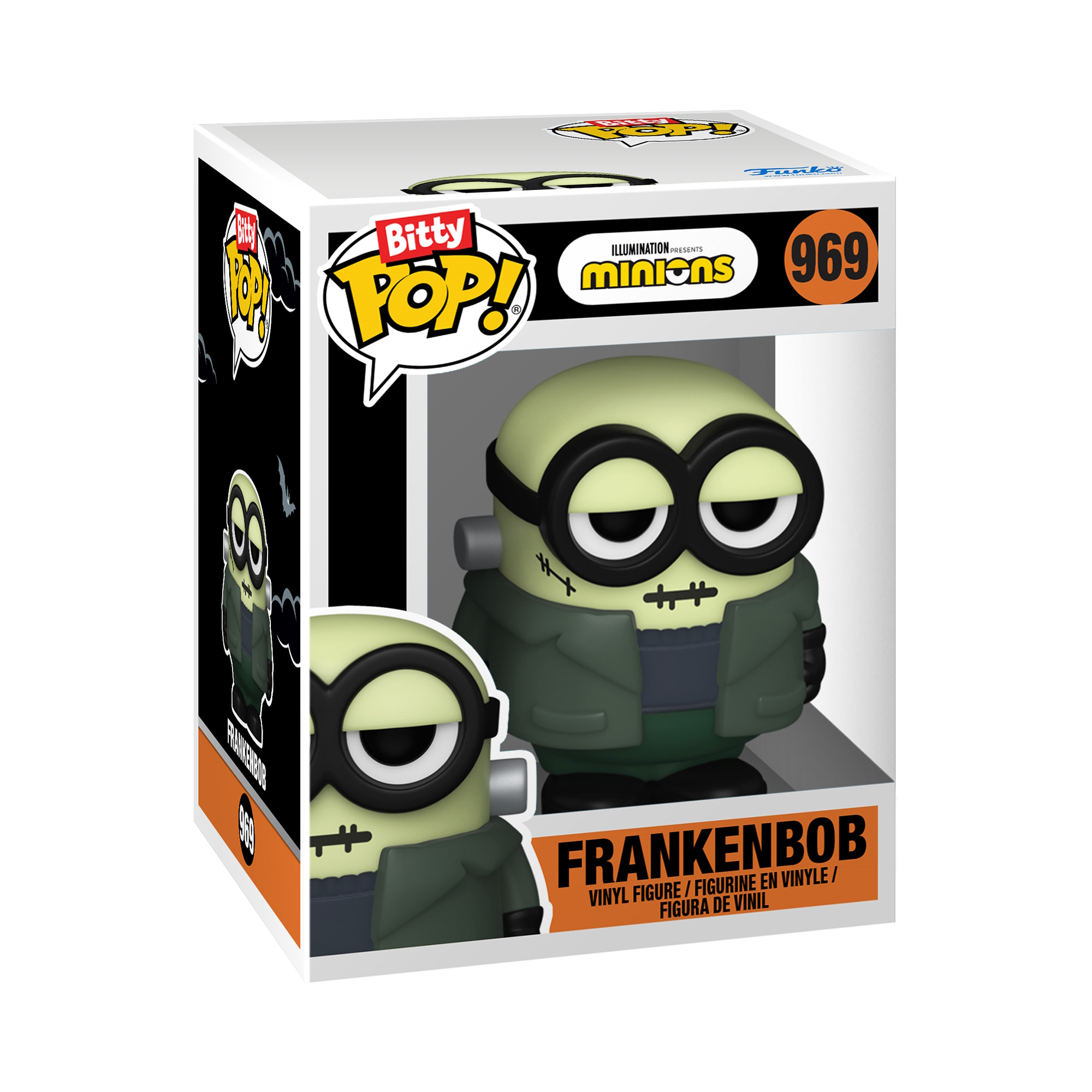 Figura Frankenbob Minion Funko Pop en caja, con etiqueta e imagen del personaje.