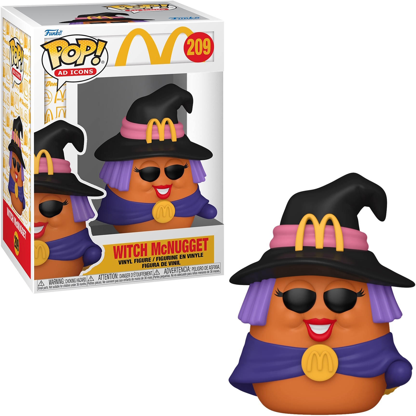 Figura Funko Pop de una Witch McNugget de McDonald's, dentro y fuera de la caja.