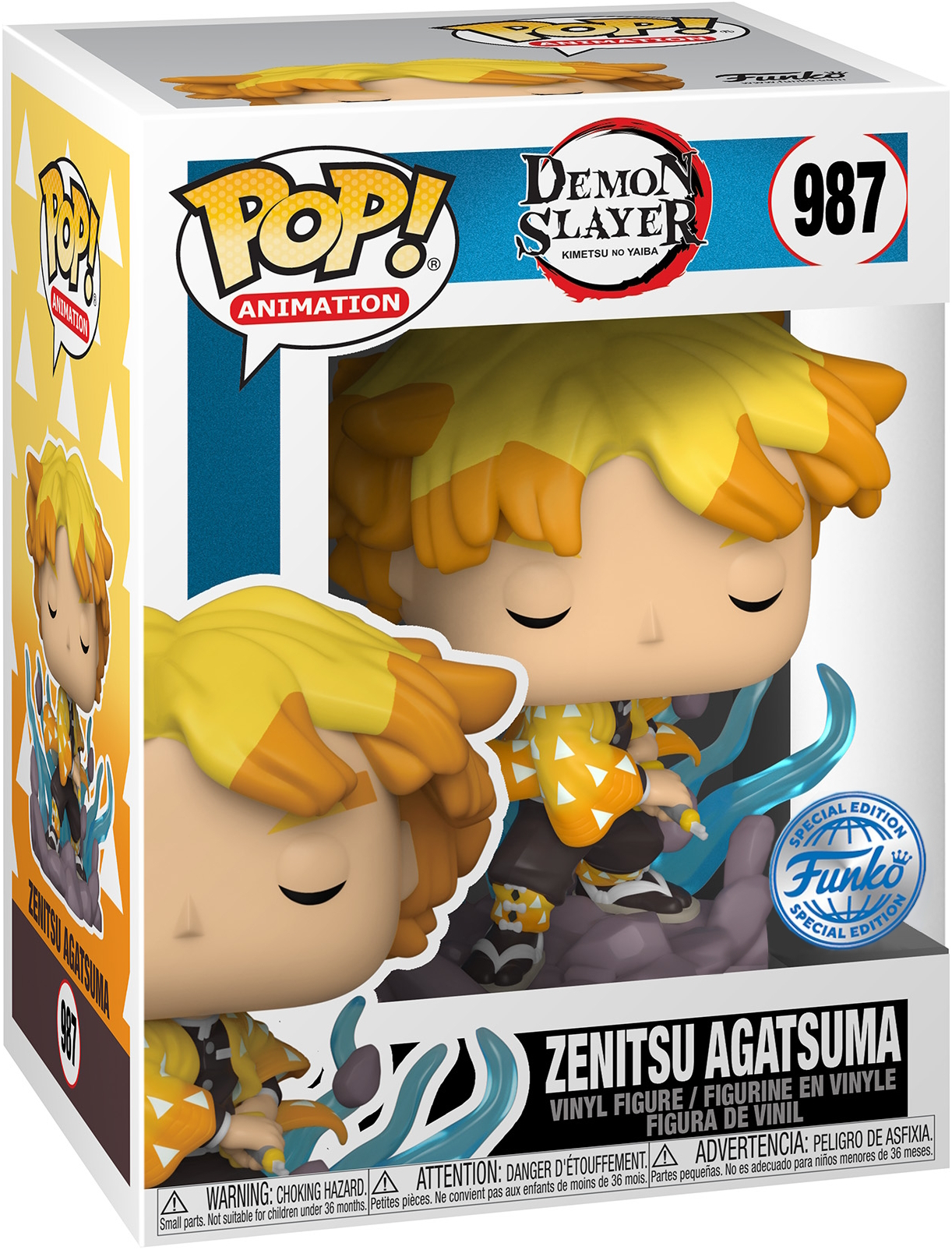 Pudełko Funko Pop z figurką Zenitsu Agatsuma z Demon Slayer, z tekstem i obrazami.