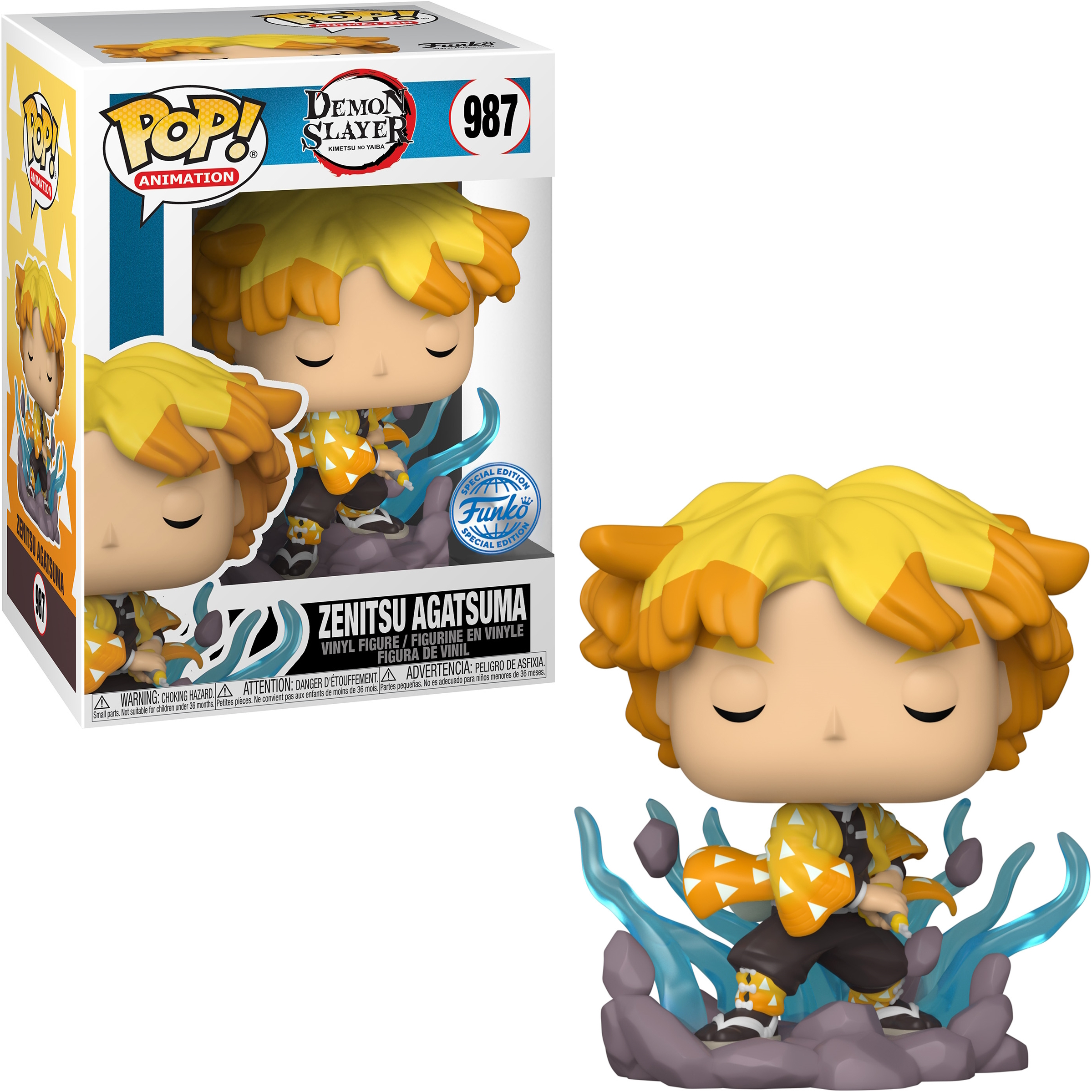 Figurka Funko Pop Zenitsu Agatsuma w pudełku, z Zenitsu w dynamicznej pozie.
