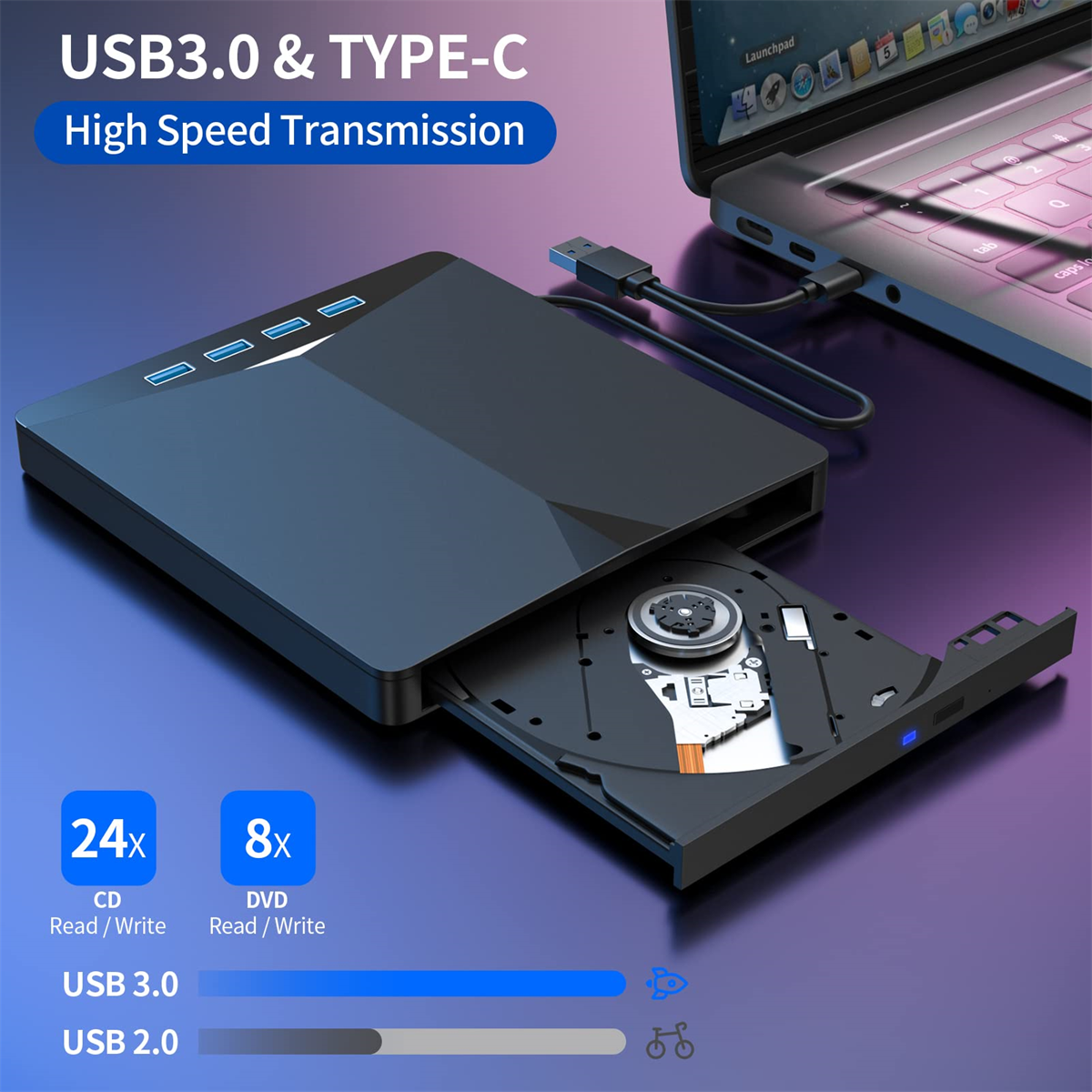 Schwarzes externes CD/DVD-Laufwerk geöffnet mit Laptop und USB-Kabel. Details zu Lese-/Schreibgeschwindigkeiten.
