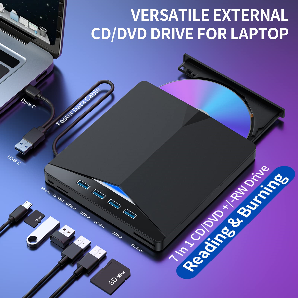 Ein schwarzes und blaues externes CD/DVD-Laufwerk mit Kabeln und Anschlüssen. Zeigt Lese- und Brennfähigkeiten.