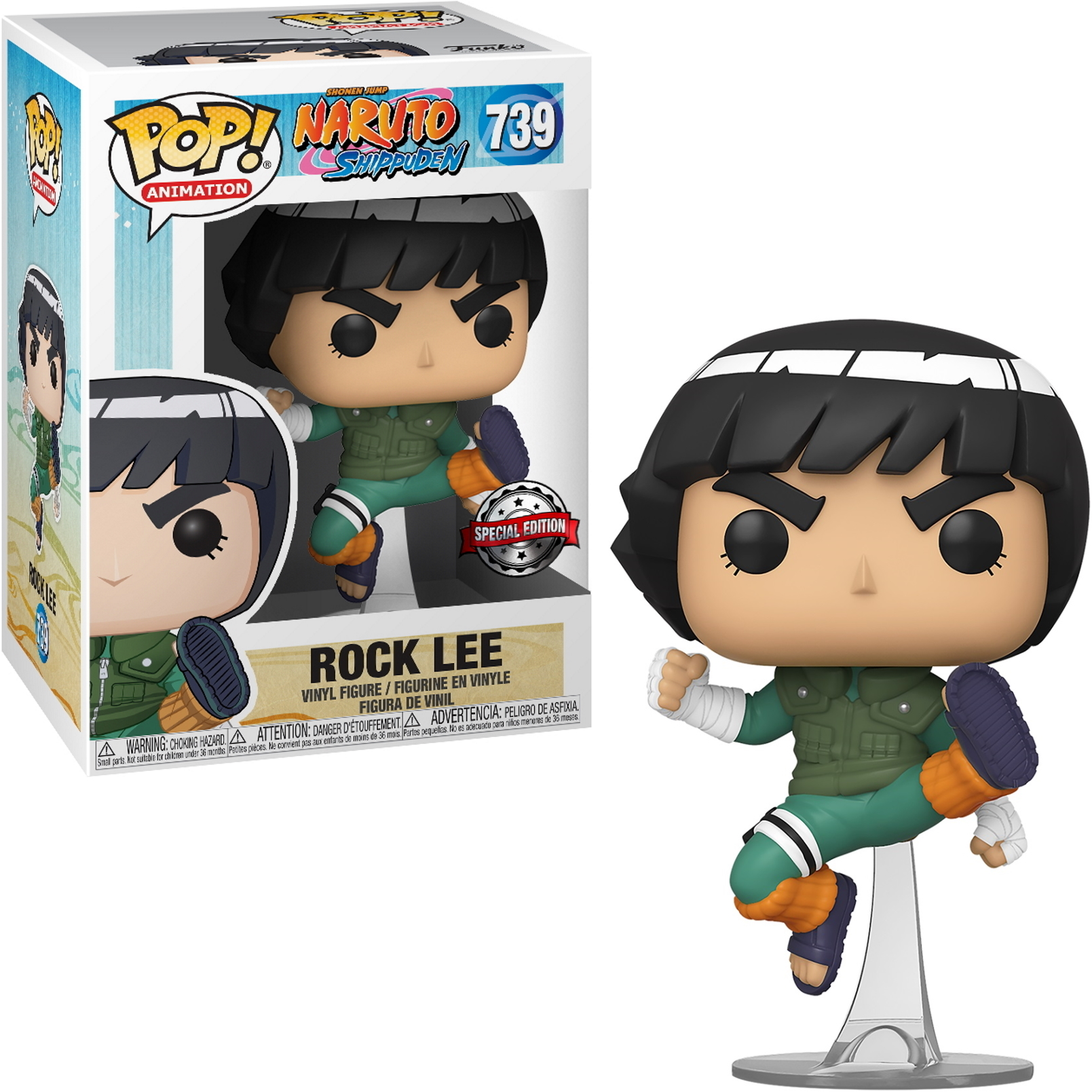 Rock Lee Figur mit einer Box. Er trägt ein grünes Outfit und tritt. Die Box hat das Pop!-Logo.