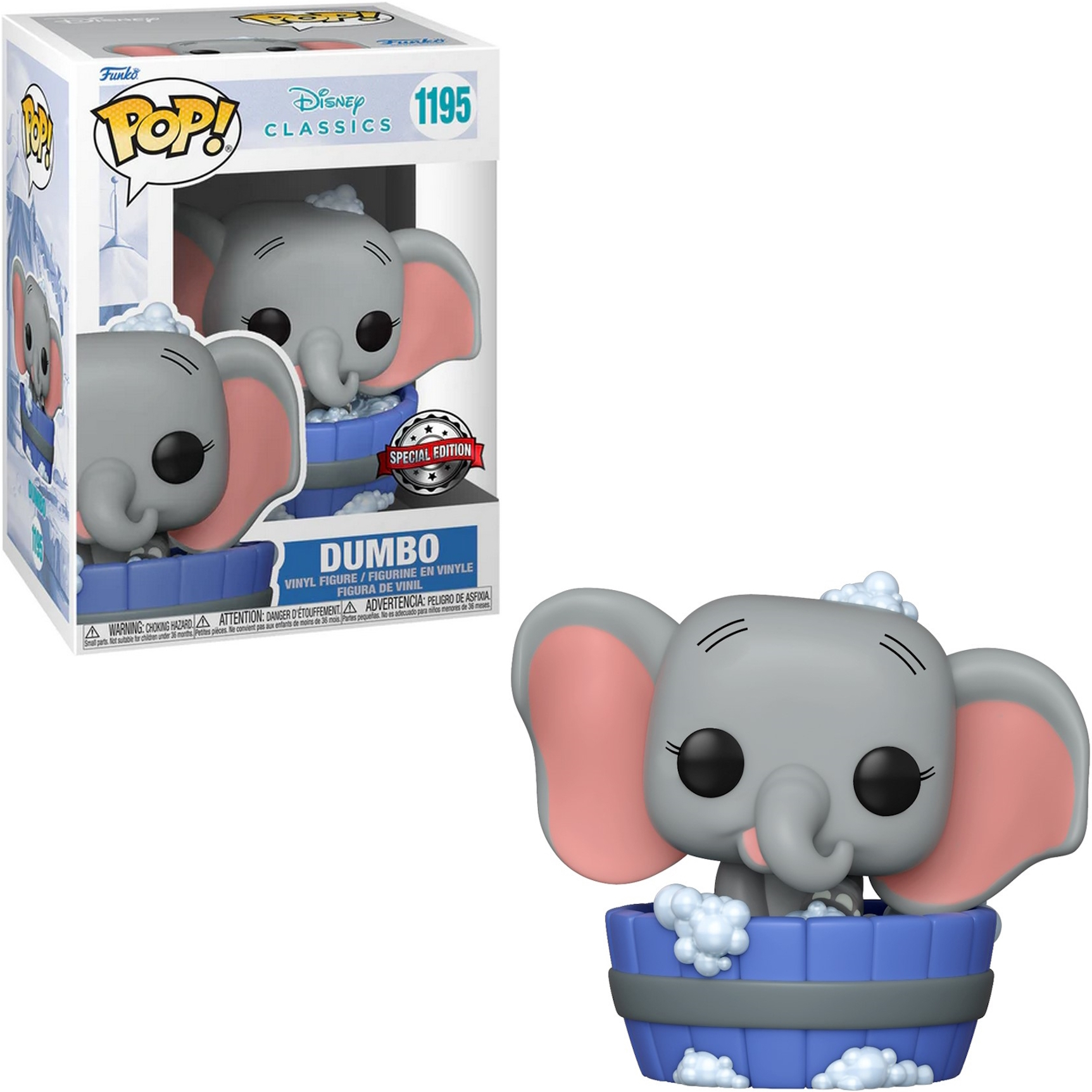 Figura Dumbo Funko Pop en una bañera azul con burbujas, junto a la caja con la misma imagen.