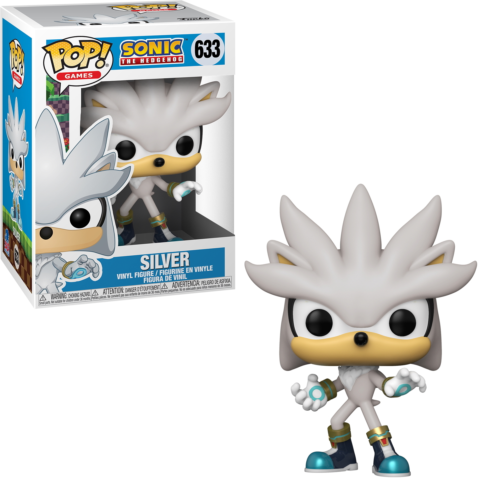 Figura Funko Pop de Silver de Sonic the Hedgehog, con caja, sobre fondo blanco.