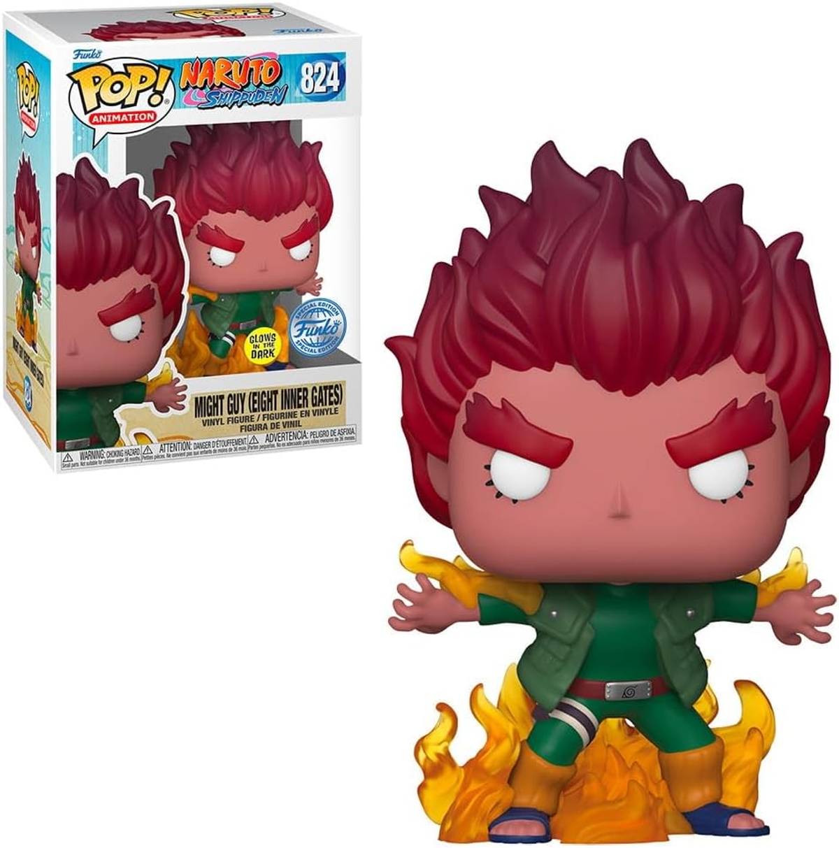 Figura Funko Pop de Might Guy de Naruto, en una pose dinámica con llamas.