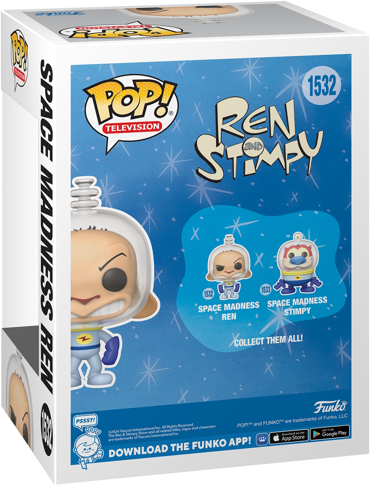 Una caja blanca con una figura Funko Pop de Ren de Ren & Stimpy, con el título "Space Madness Ren."