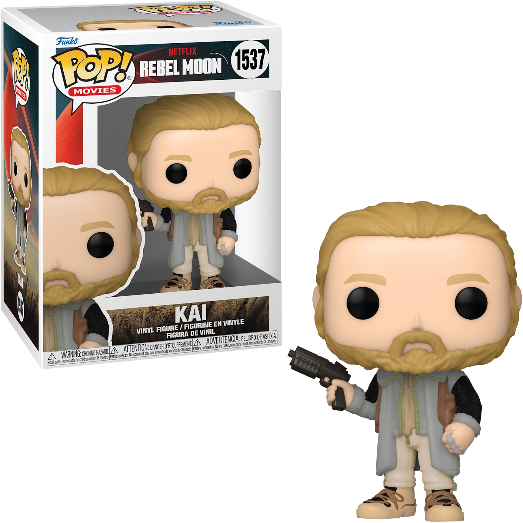 Figurka Funko Pop Kai z Rebel Moon, trzymająca broń i stojąca obok pudełka.