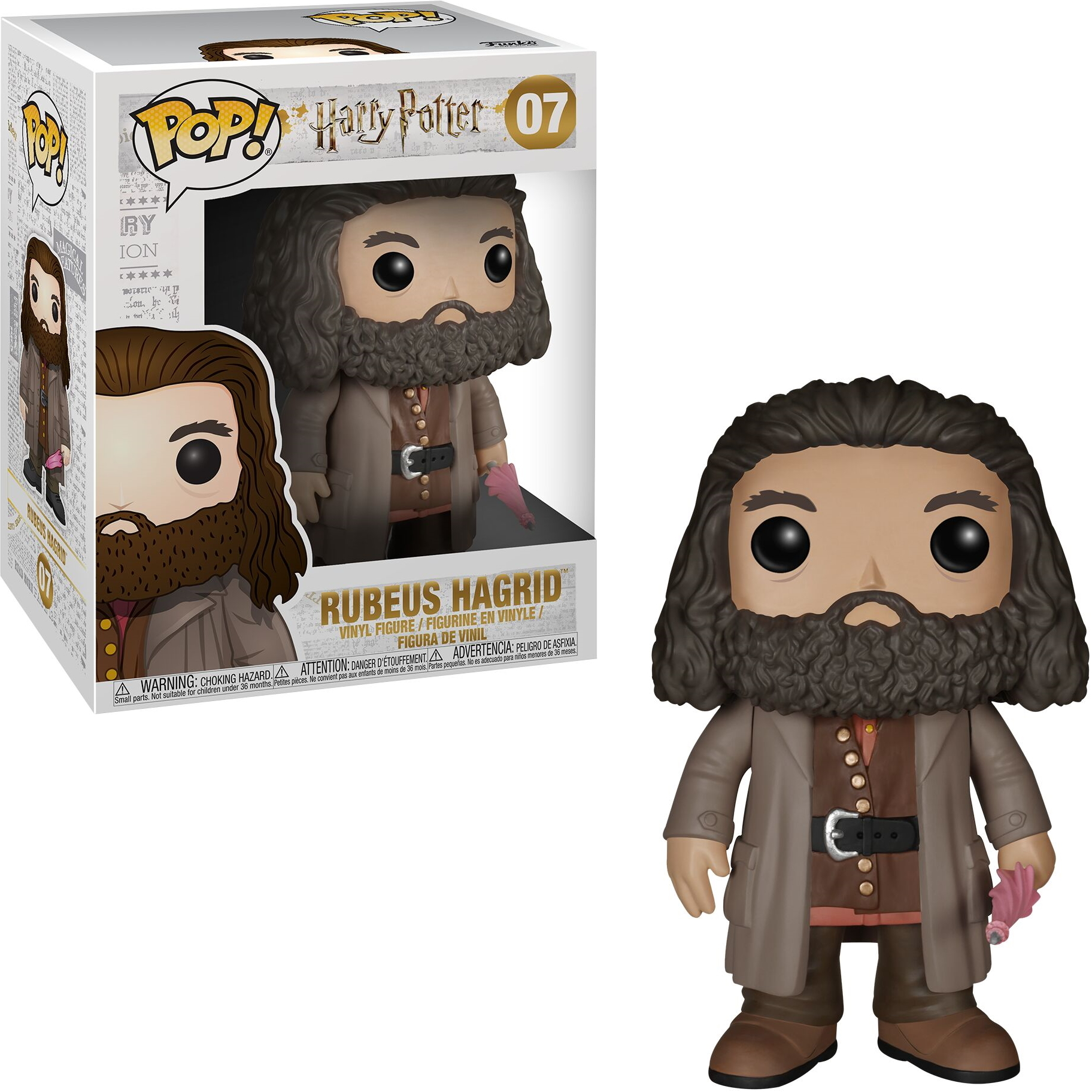 Statuetta Funko Pop di Rubeus Hagrid di Harry Potter, con un ombrello rosa.
