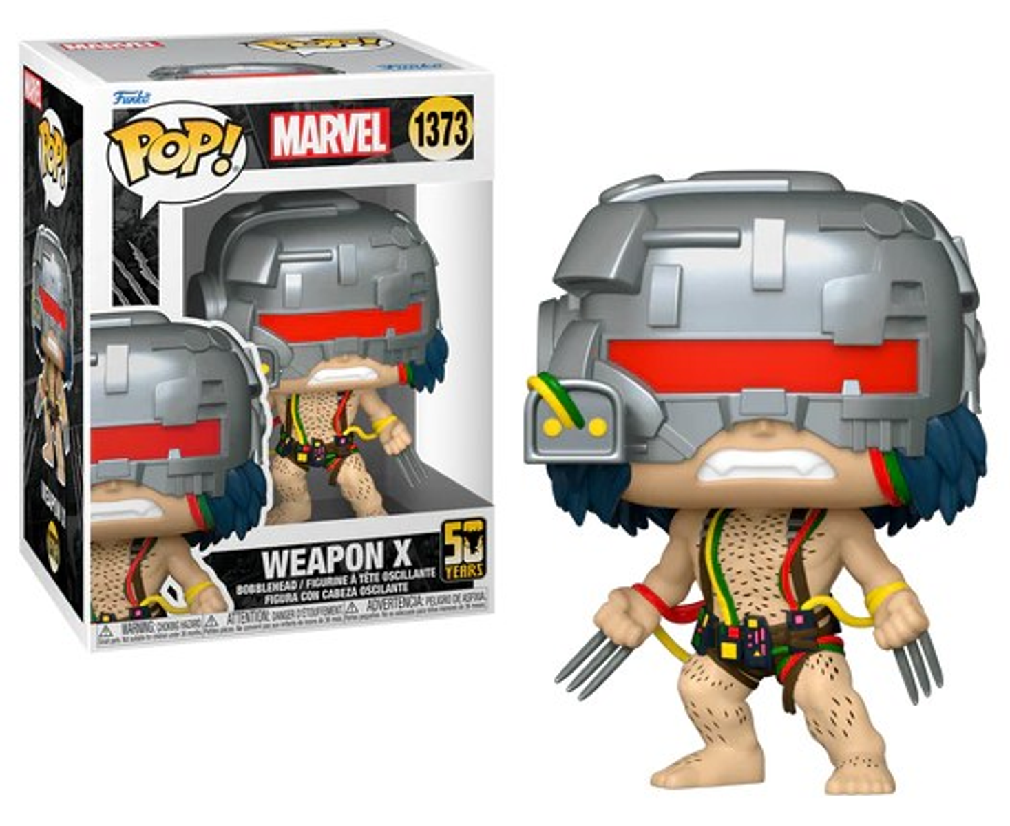 Figura de Weapon X con Wolverine en disfraz. La caja y la figura sobre fondo blanco.