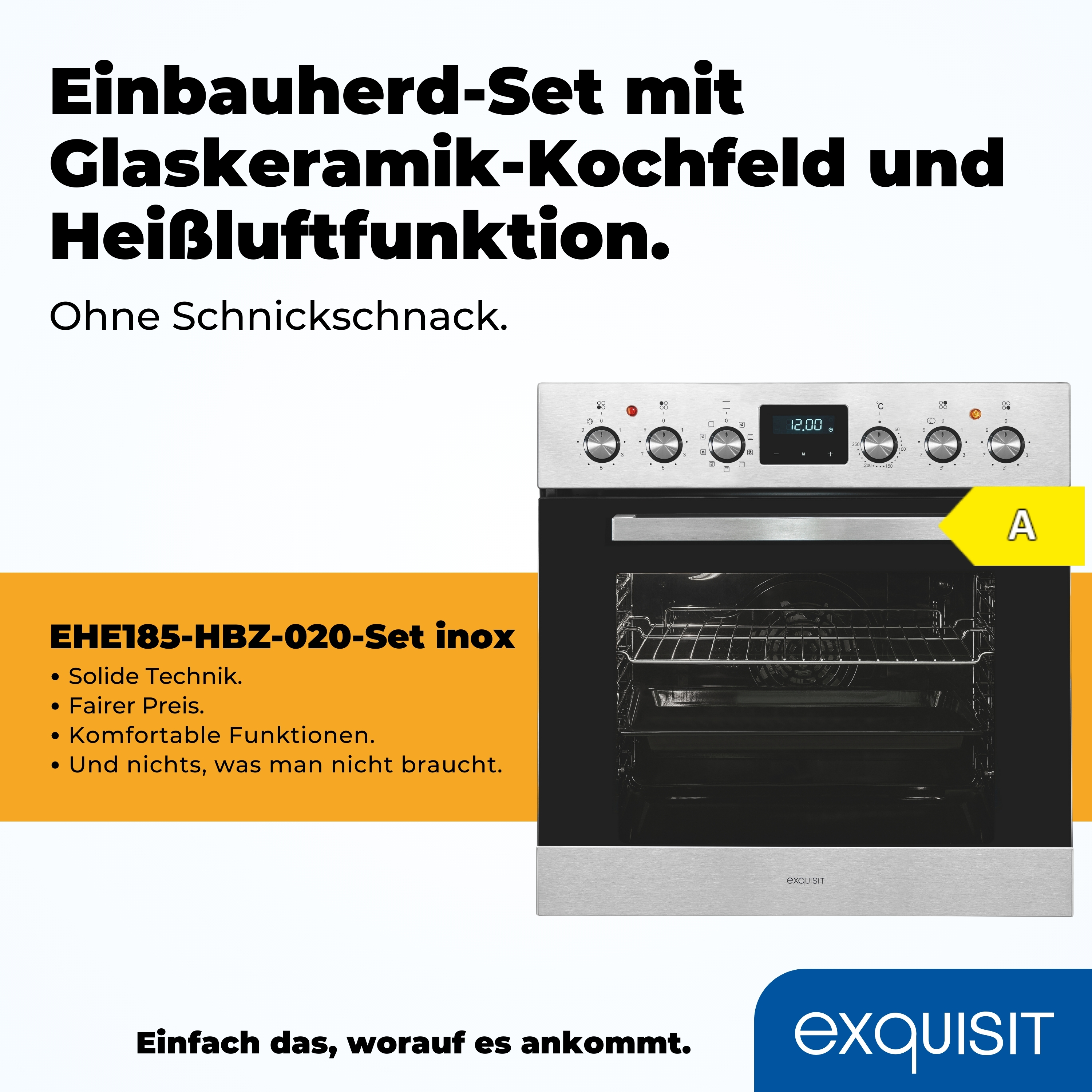 Silberner Einbauherd mit Glaskeramikkochfeld, schwarzem Text und gelbem Energielabel.