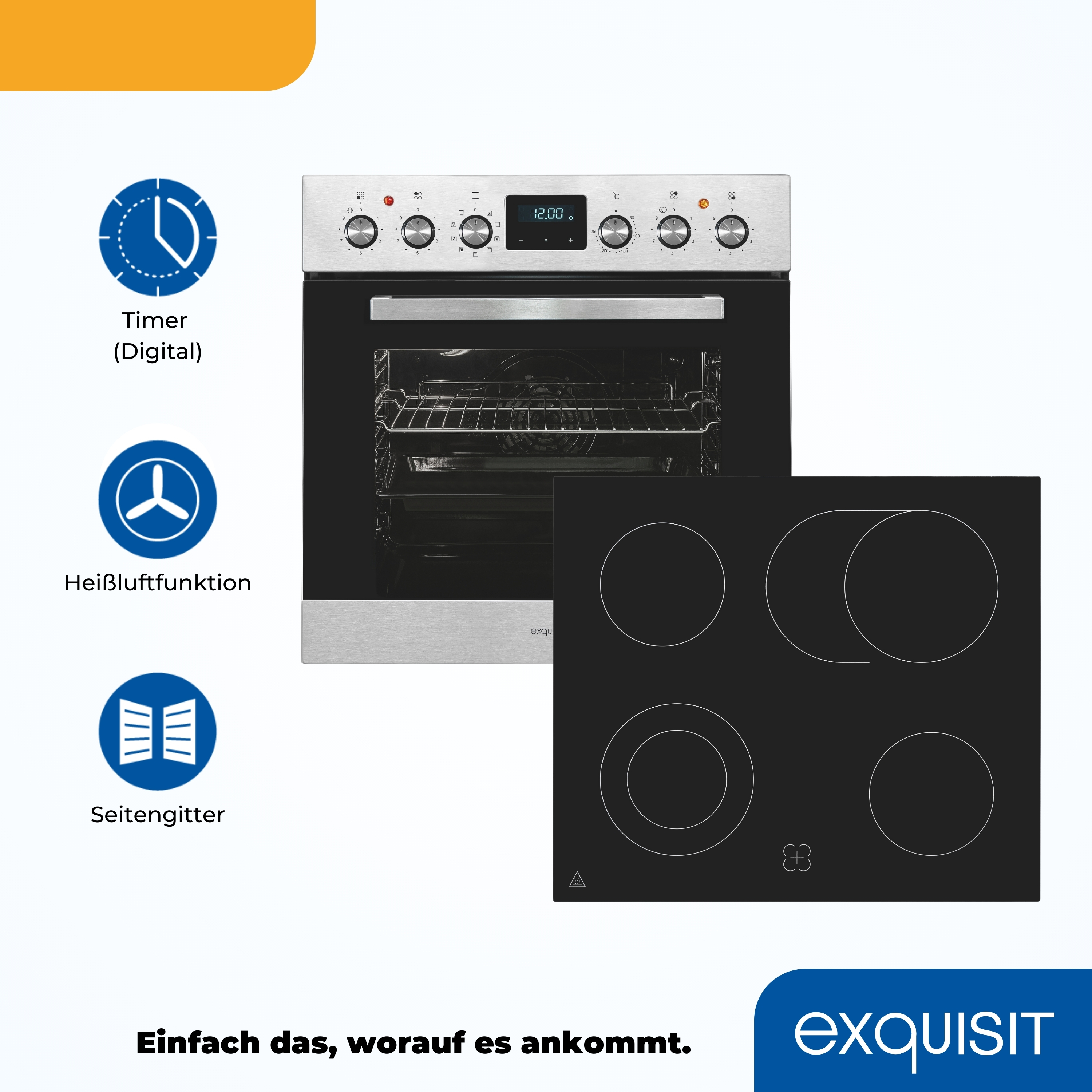 Ein Backofen und ein Induktionskochfeld-Set mit Symbolen für Timer, Lüfter und Regale.