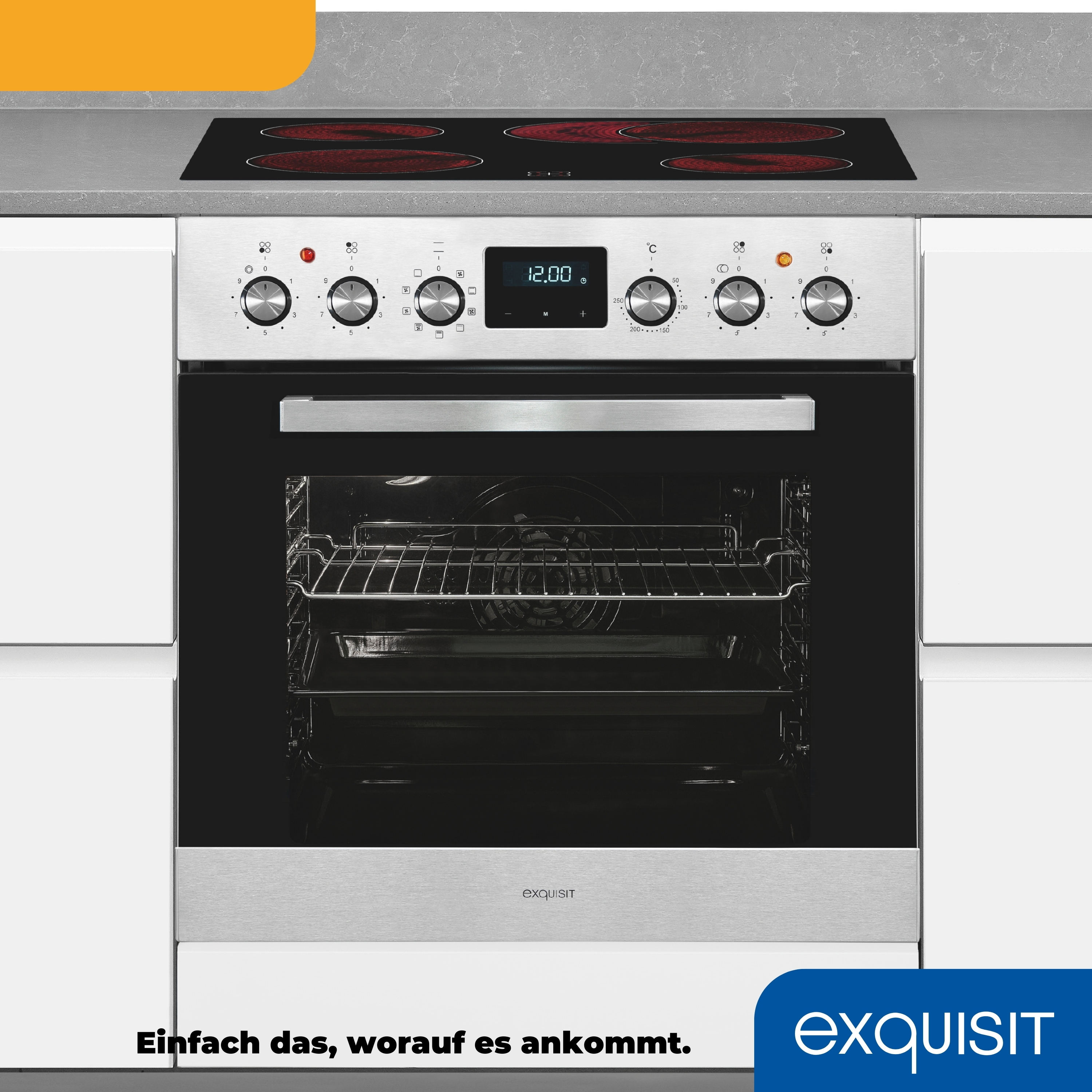 Einbau-Backofen und Kochfeld aus Edelstahl. Der Ofen befindet sich unter dem Kochfeld mit 4 Heizelementen.