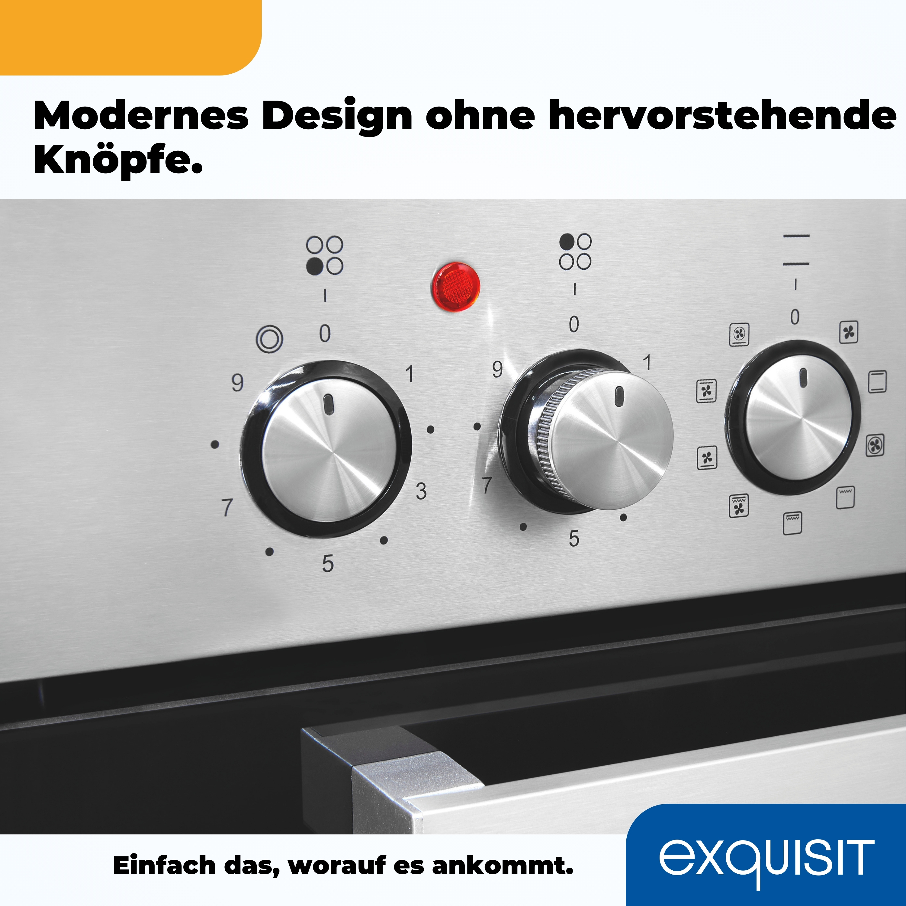 Ein Edelstahl-Ofen mit Knöpfen und rotem Licht. Text: 'Modernes Design ohne hervorstehende Knöpfe'.