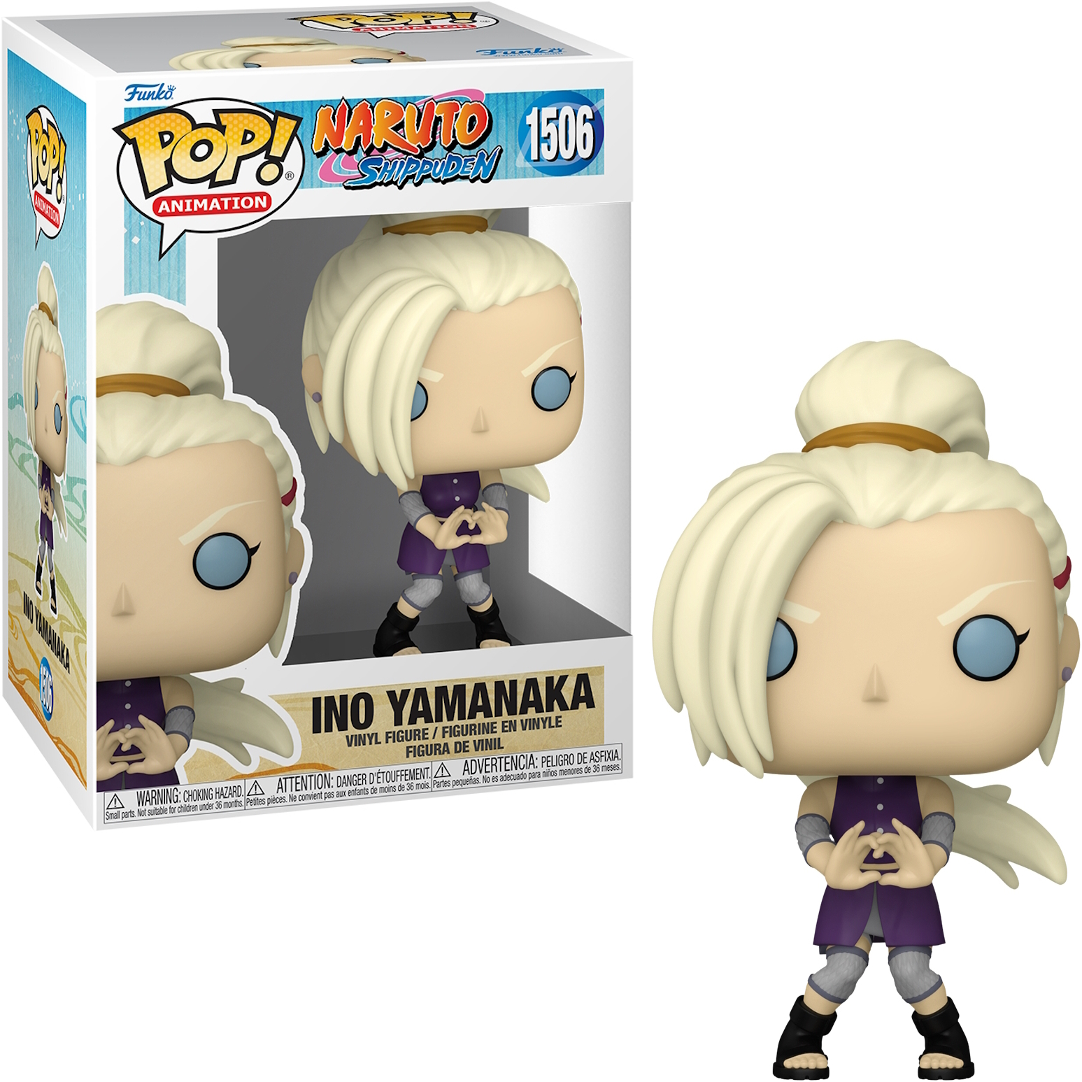 Statuetta Funko Pop. Statuetta di Ino Yamanaka con i capelli biondi e una scatola. La statuetta indossa un abito viola e scarpe nere.