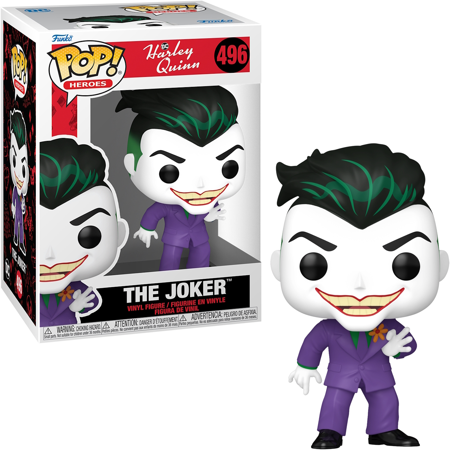 Die Joker Funko Pop Figur in einer Box. Es zeigt die Figur und das Gesicht des Jokers.
