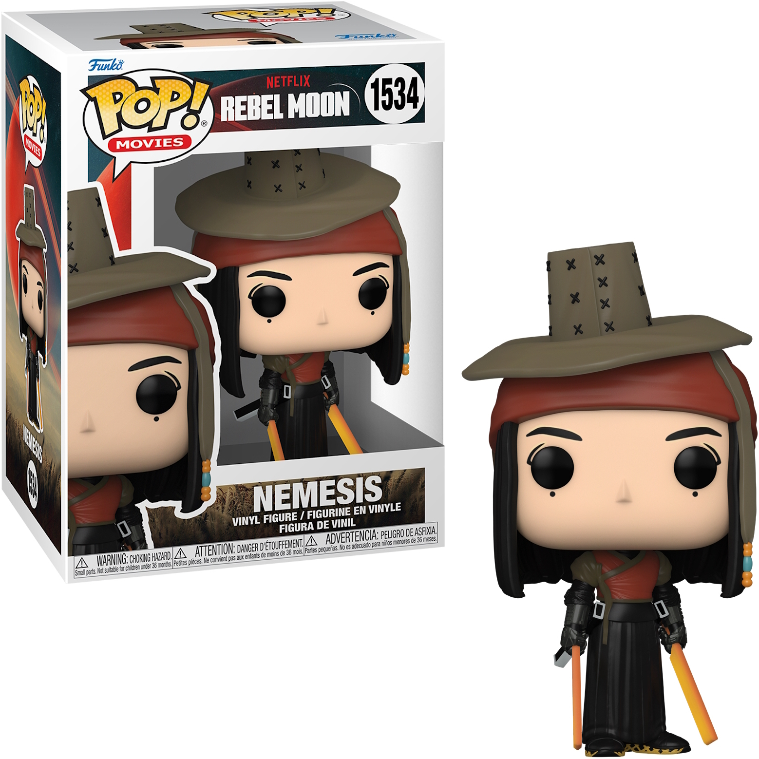 Figurka Funko Pop Nemesis z filmu Rebel Moon, w pudełku i poza nim.