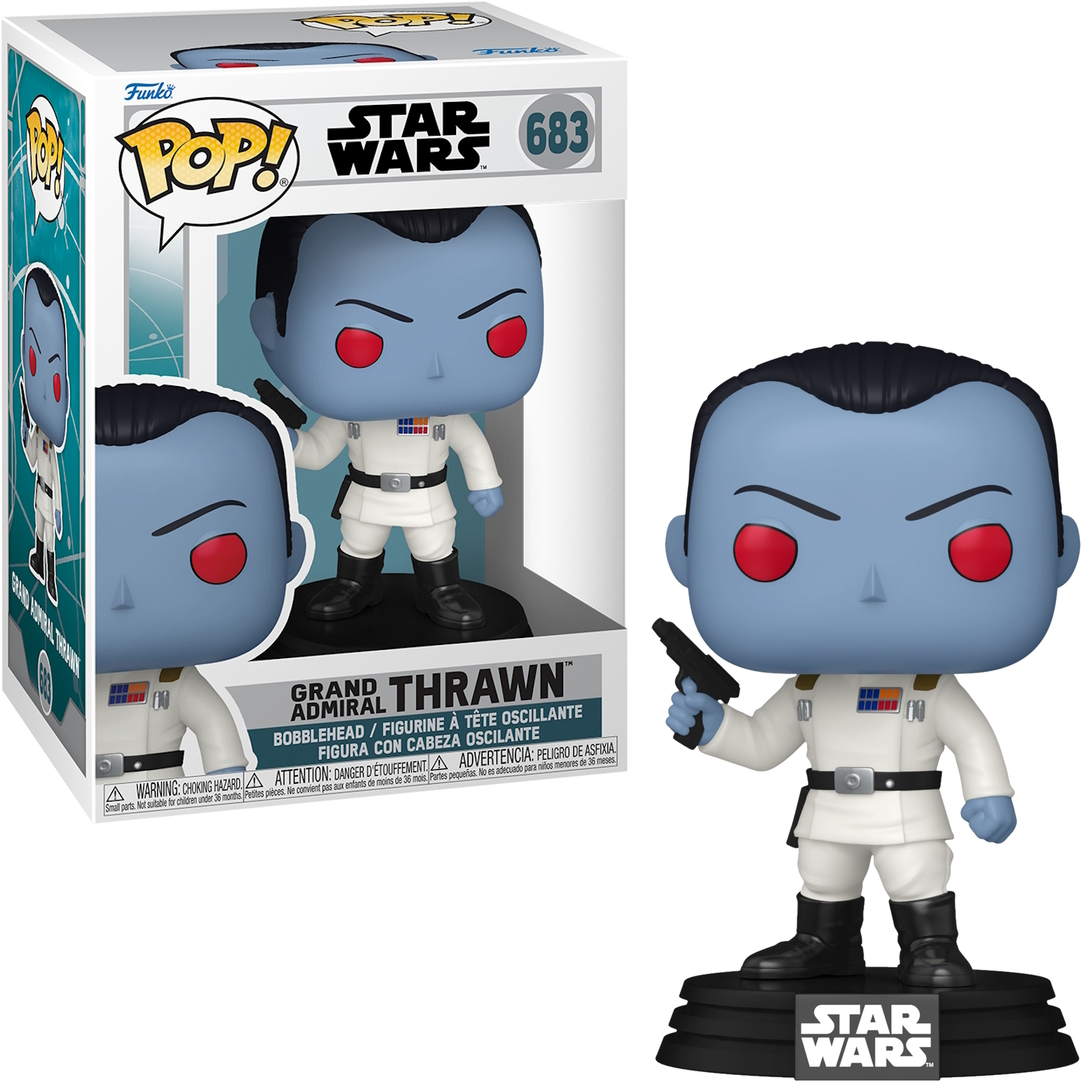 Figurka Funko Pop Grand Admirała Thrawna z pistoletem, niebieska skóra.
