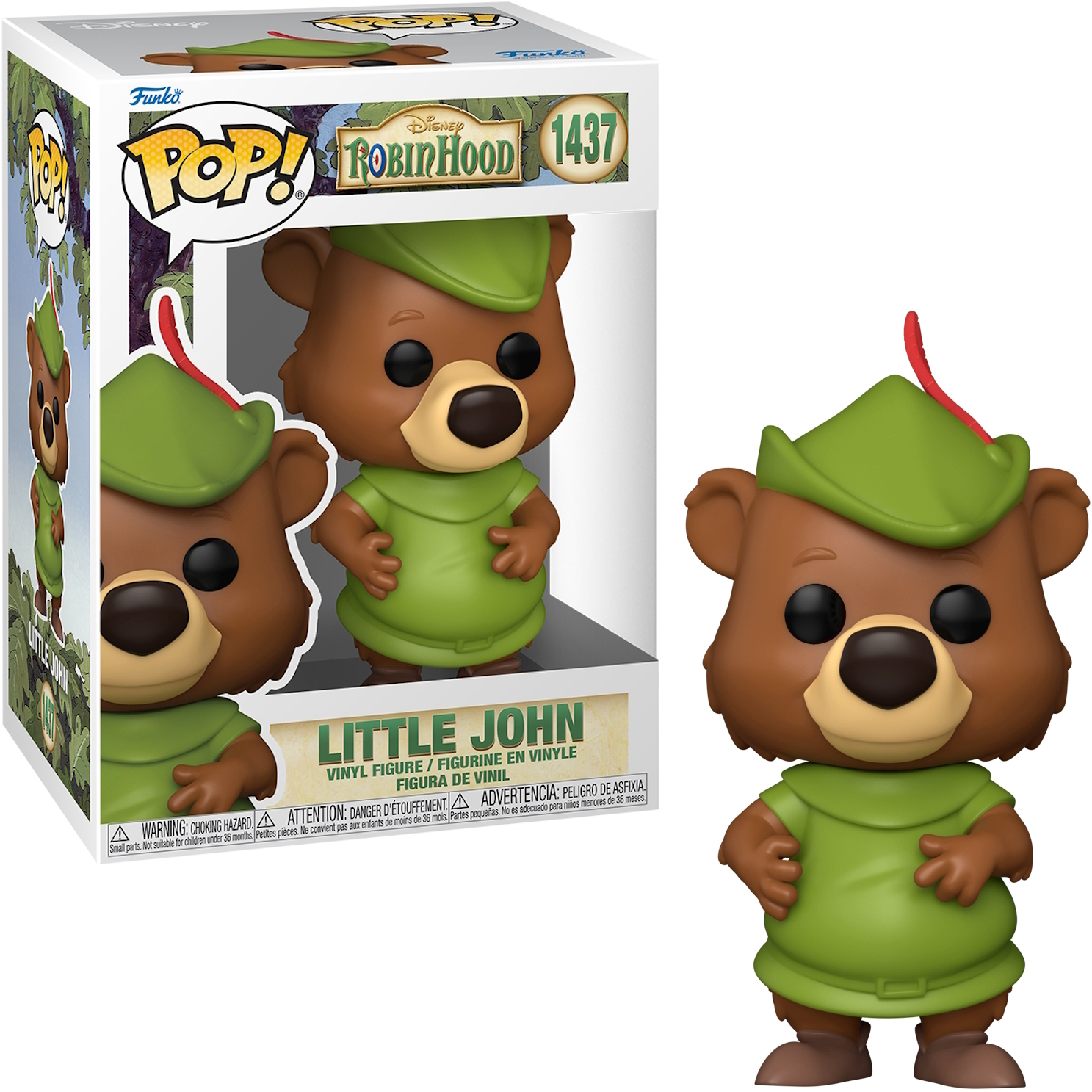 Figura Funko Pop de Little John de Robin Hood. Viste un atuendo verde y un sombrero.