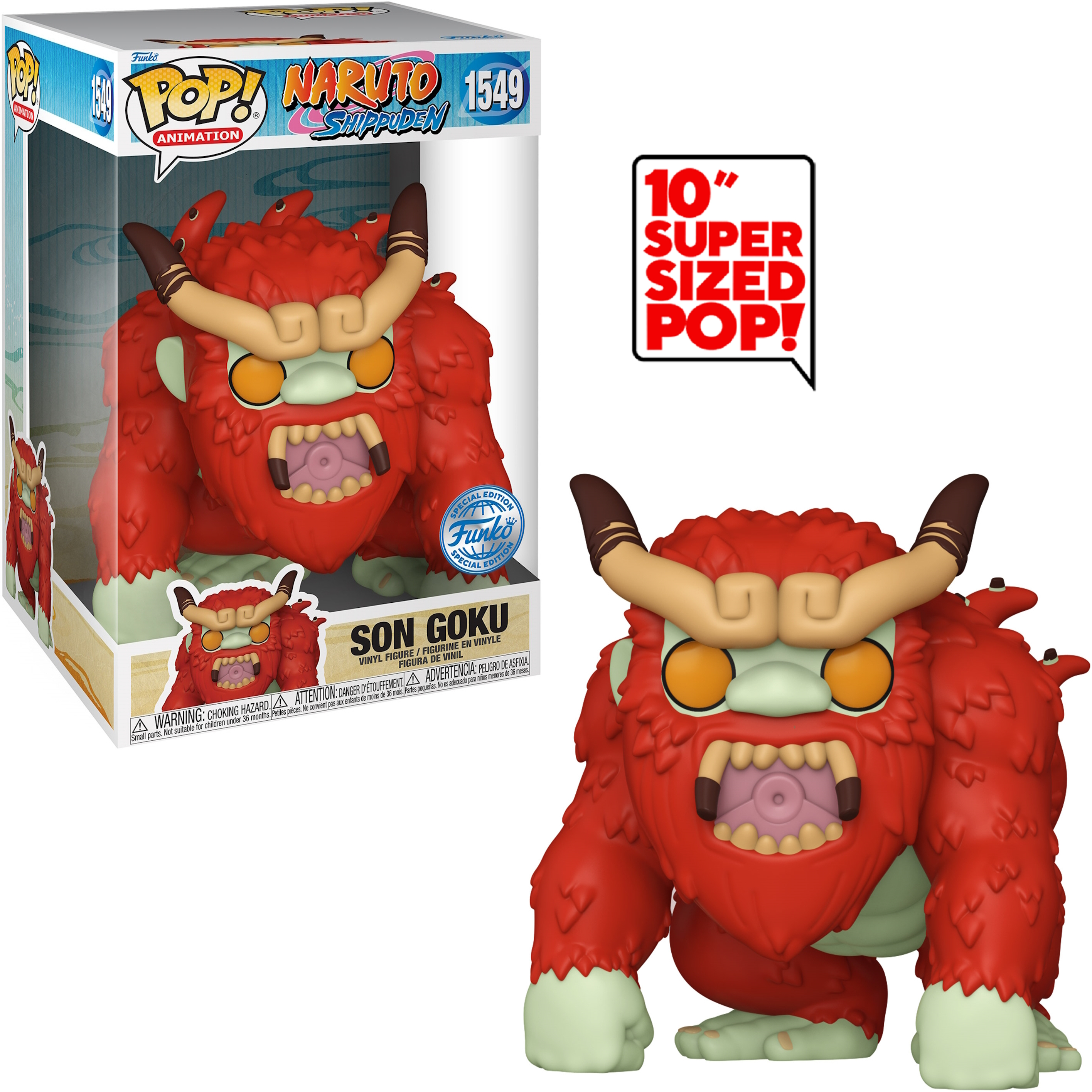 Figura Funko Pop de Son Goku. La figura es roja con cuernos y una pegatina de edición especial.