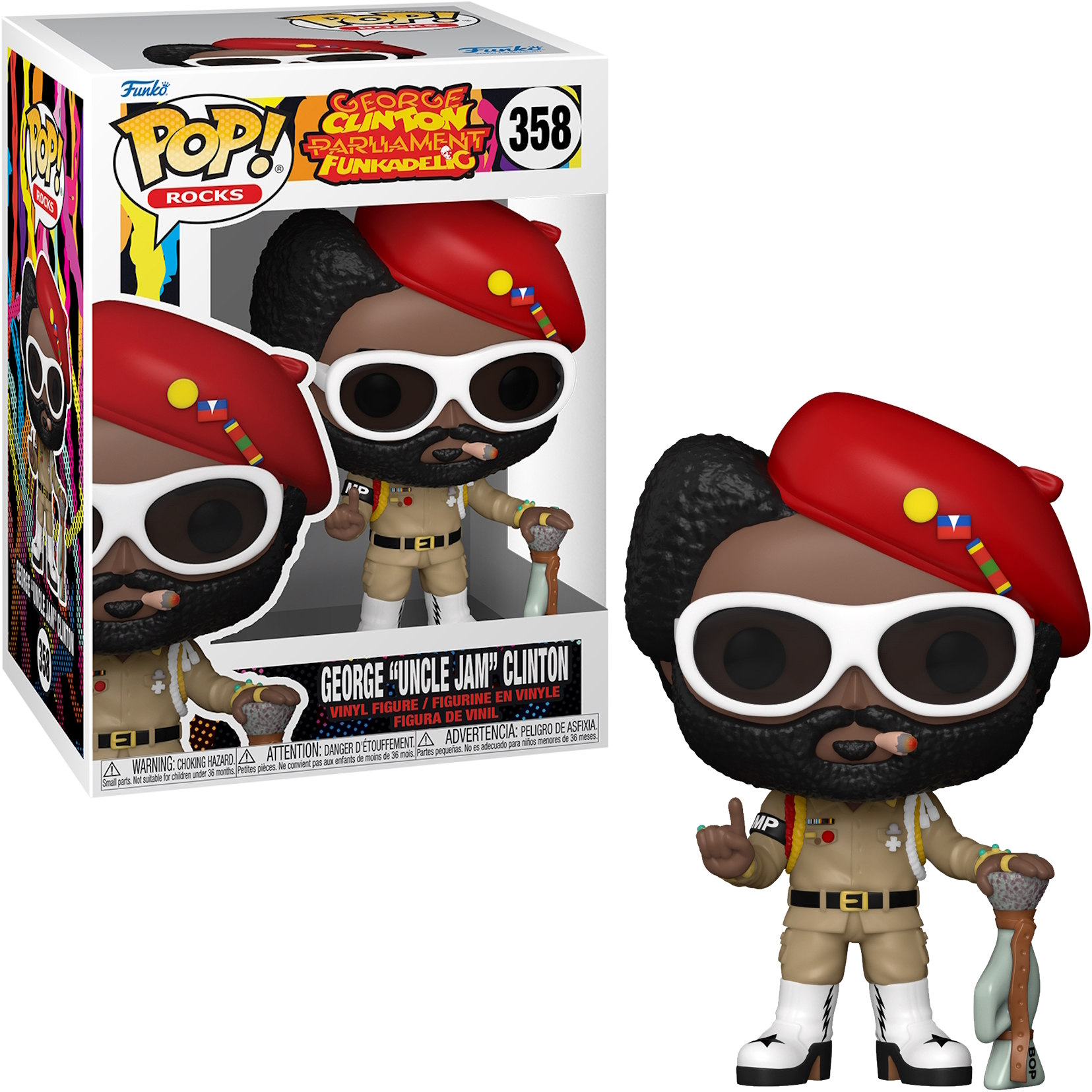 Figurka Funko Pop George'a Clintona w czerwonym berecie, z laską i pudełkiem z jego wizerunkiem.