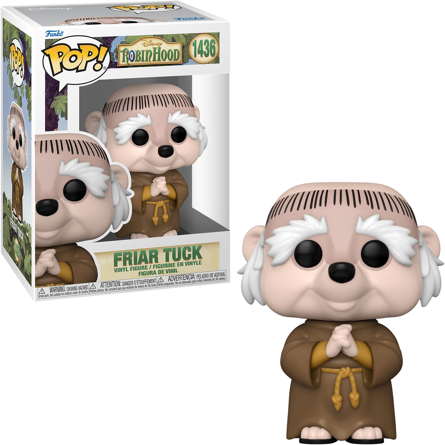 Una figura Funko Pop di Frate Tuck da Robin Hood. La figura è in un abito marrone.