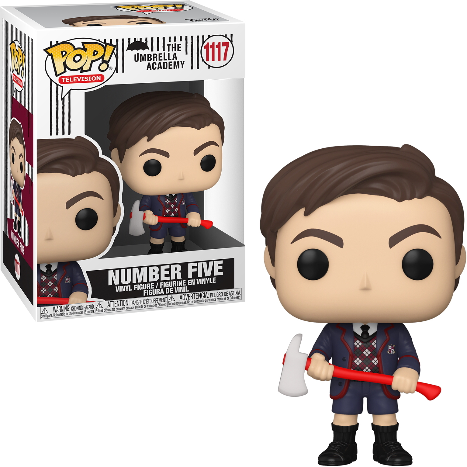 Figurka Funko Pop Piątki, trzymająca topór, z pudełkiem. Tło jest białe.