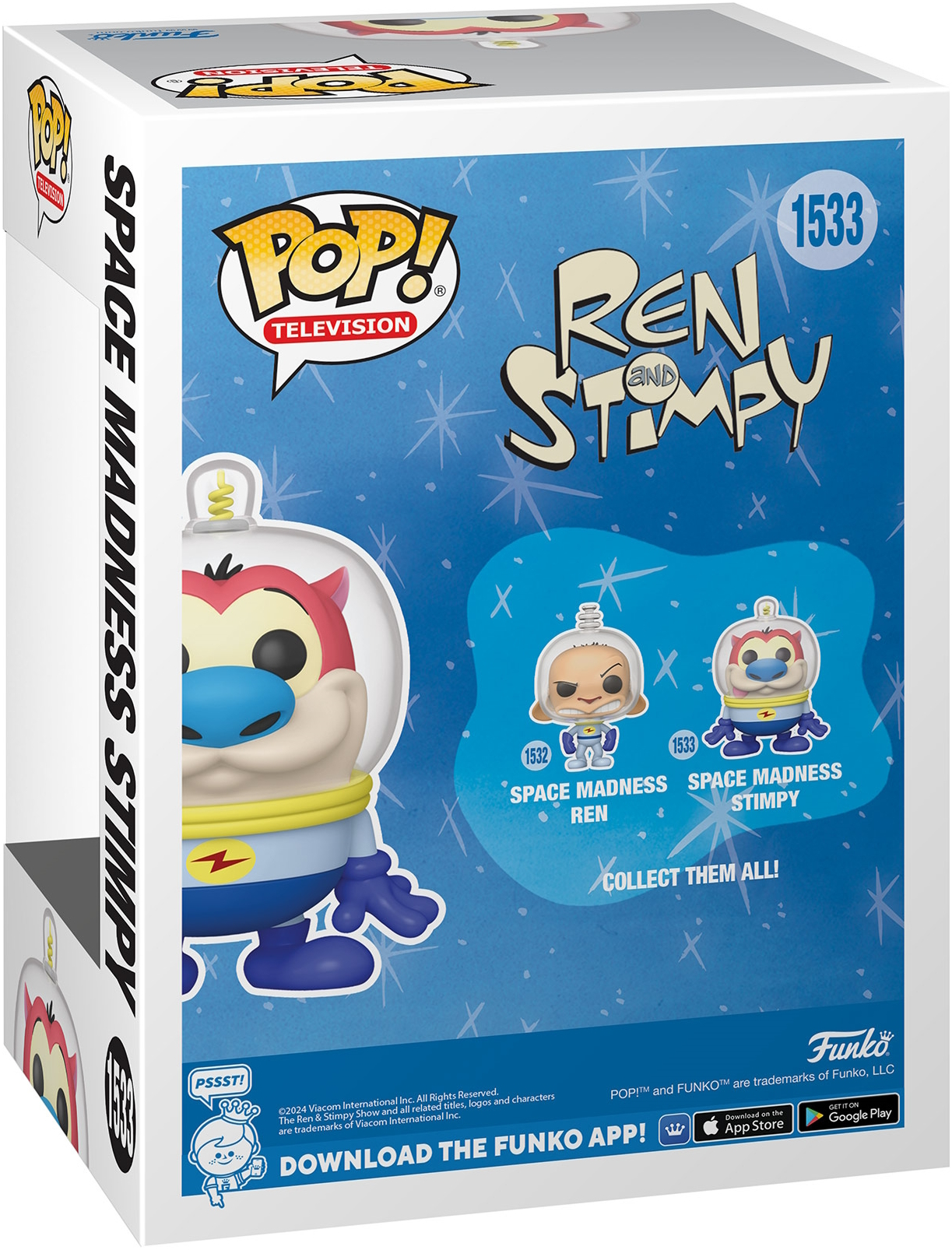 Caja Funko Pop de Ren y Stimpy. La caja muestra a los personajes con trajes espaciales. Fondo azul.