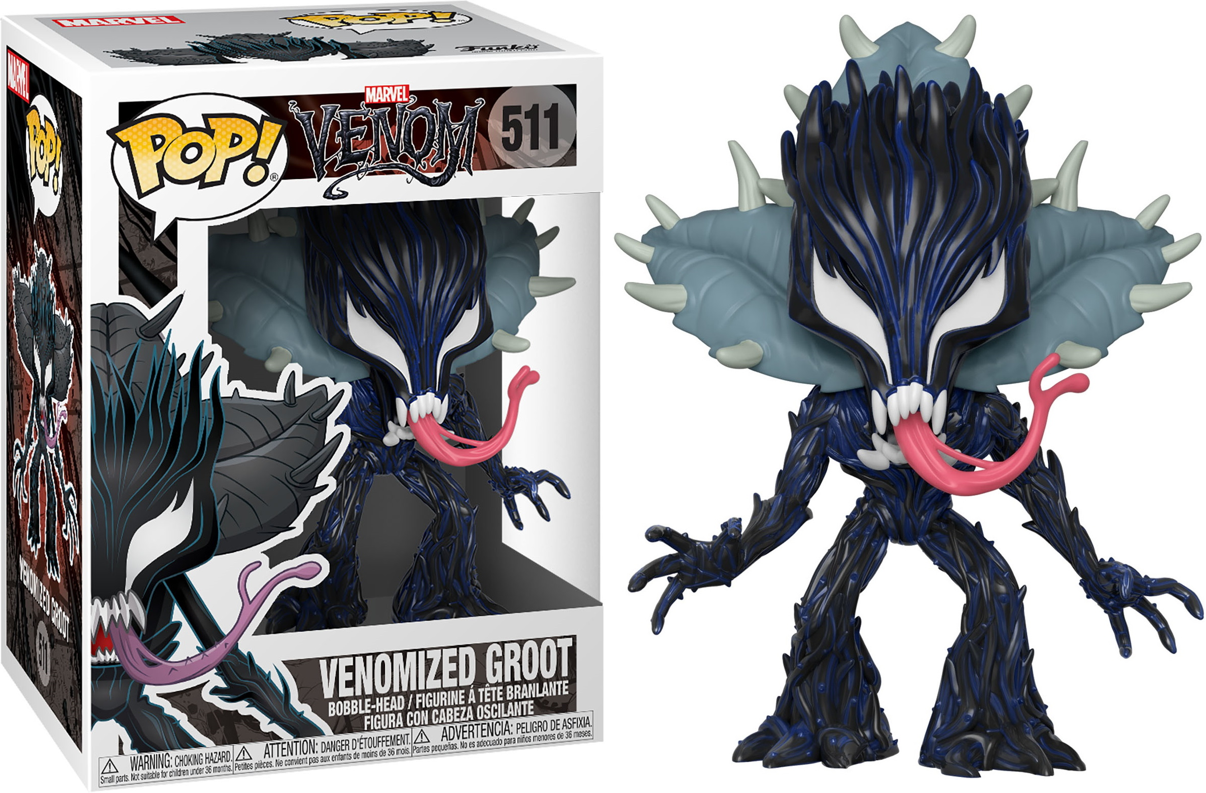 Figura Venomized Groot Pop! con scatola. La figura è in una posa dinamica e ha una lunga lingua.