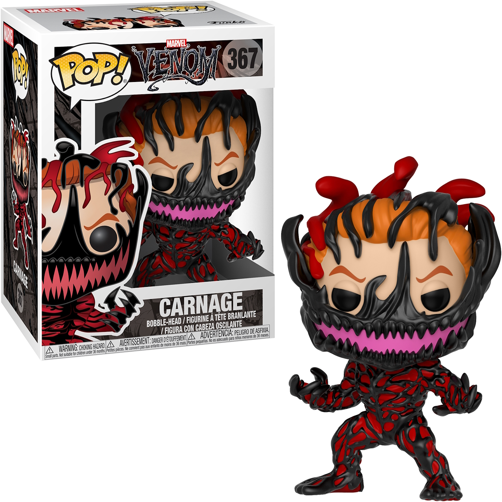 Scatola Funko Pop con figura di Carnage, con design rosso e nero.