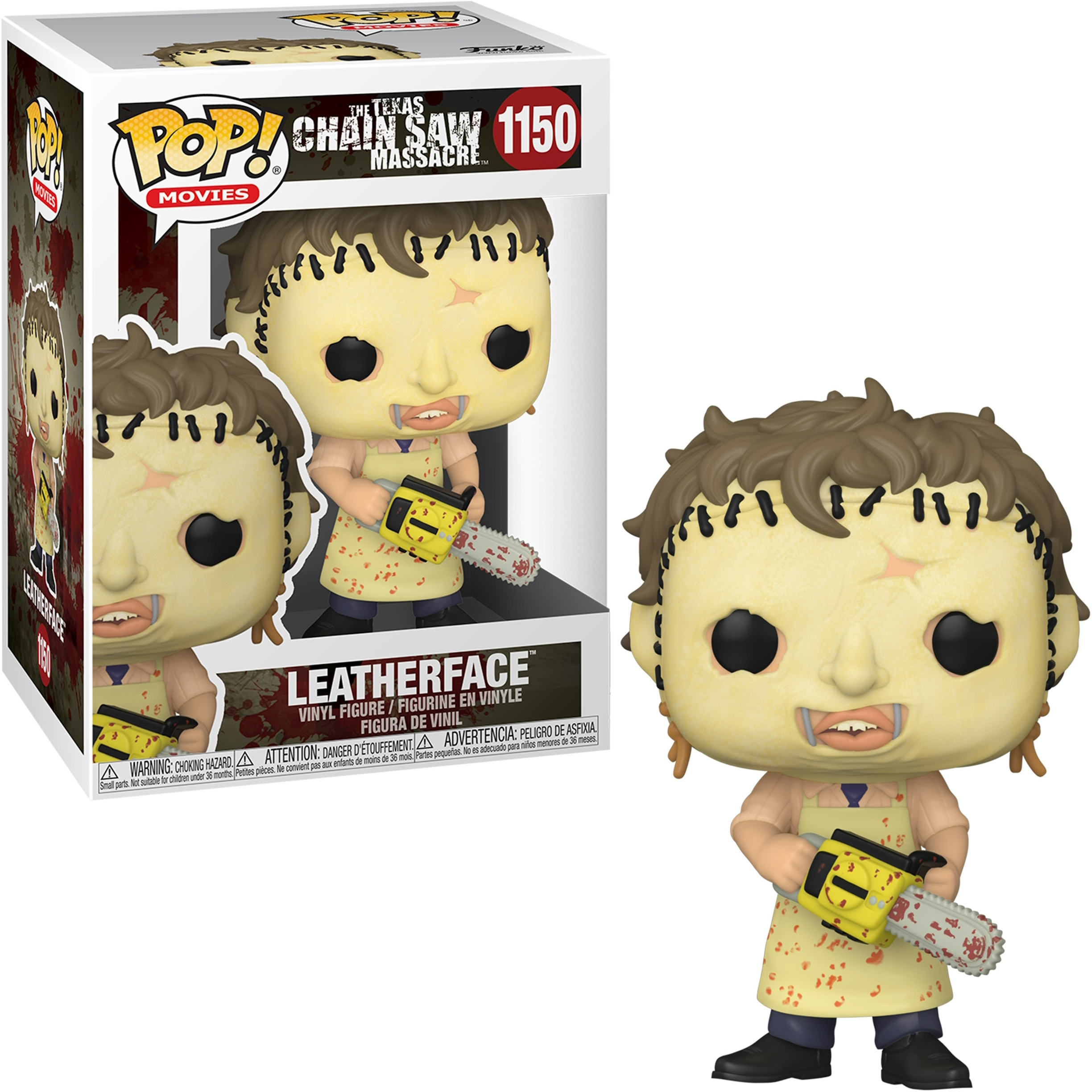 Figura Funko Pop de Leatherface sosteniendo una motosierra, con la caja en el fondo.