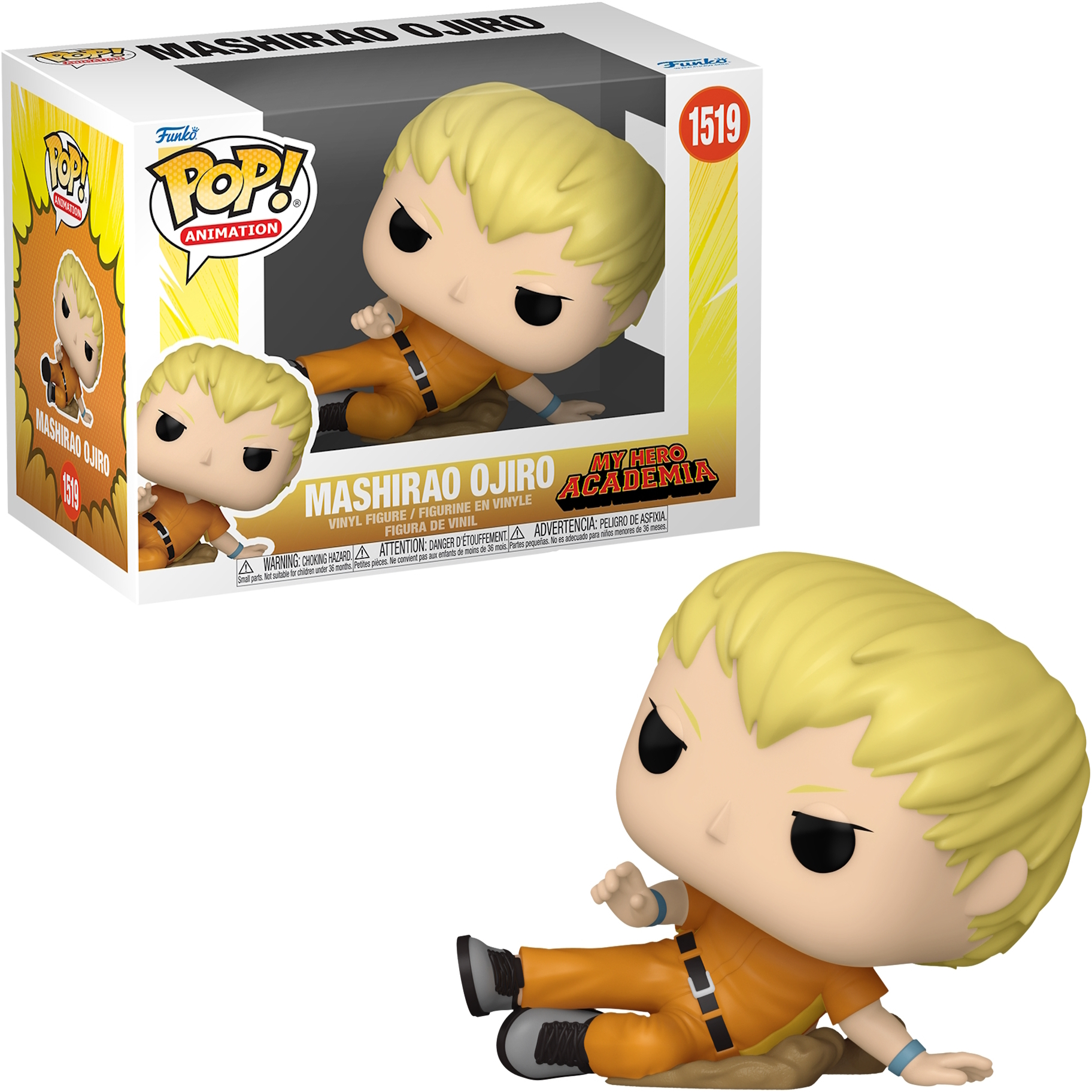 Un Funko Pop de un personaje de dibujos animados con un atuendo naranja, en una caja.