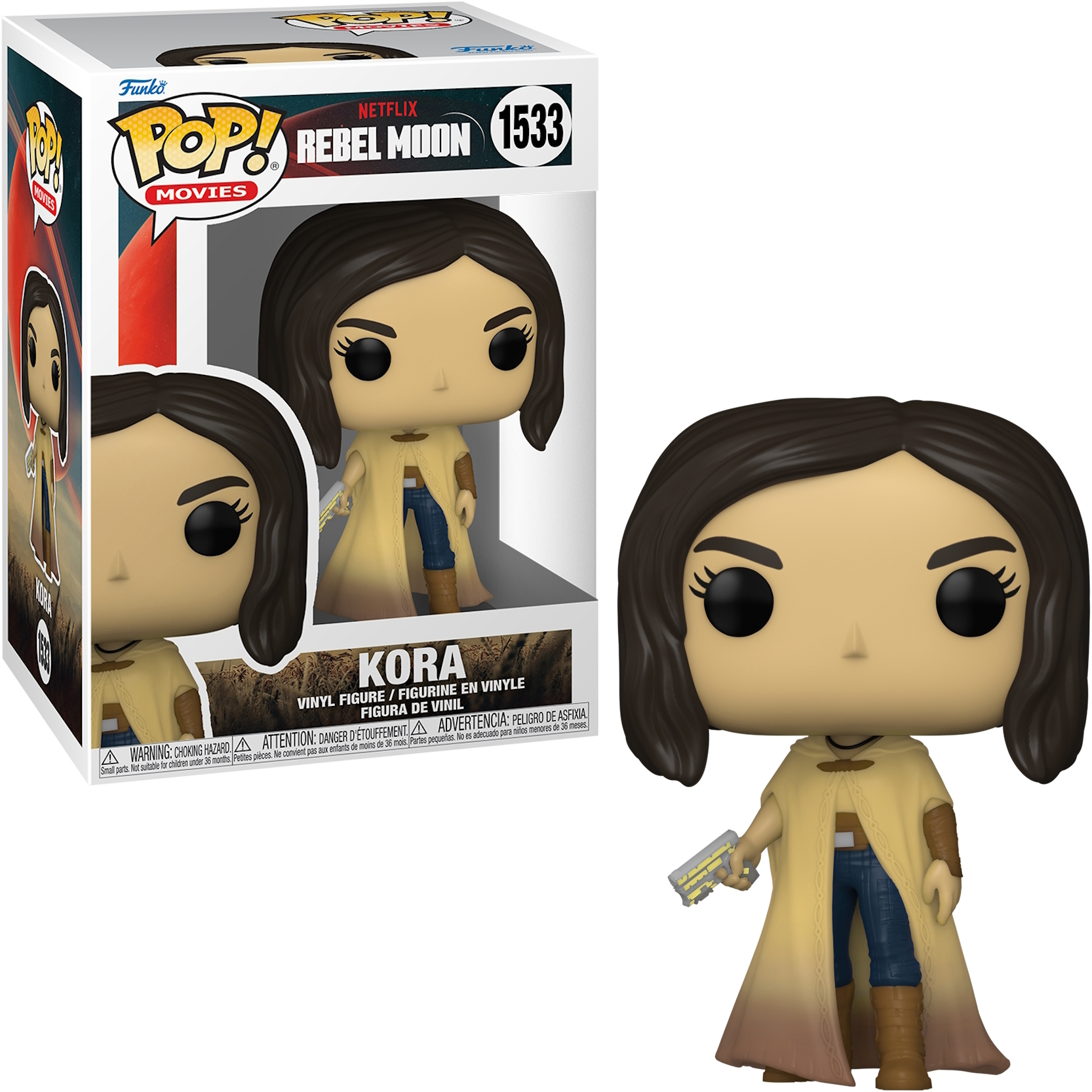 Figurka Funko Pop Kory z Rebel Moon, z kurtką i pistoletem, w pudełku.