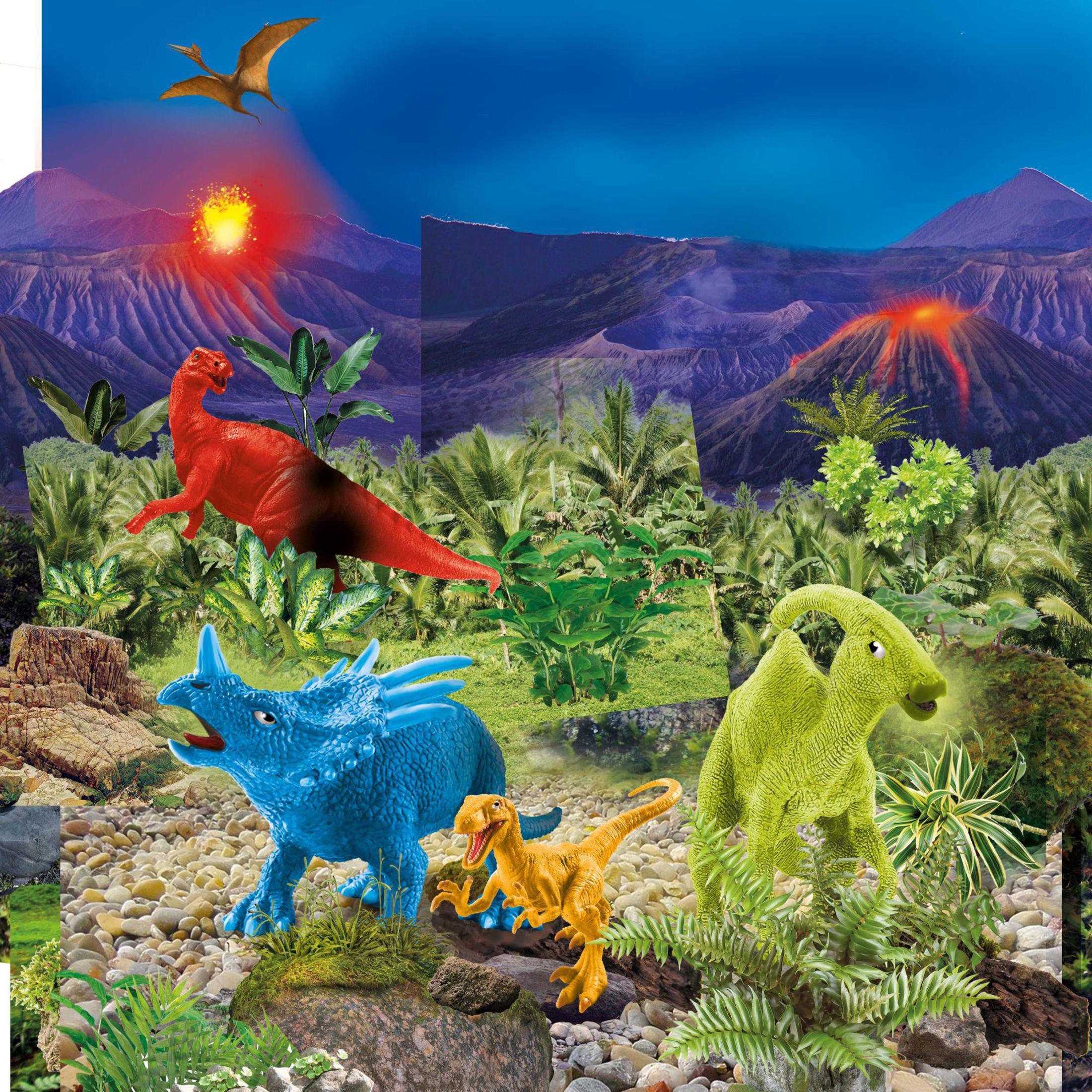 Una scena preistorica con vari dinosauri. Include un dinosauro rosso, un dinosauro blu e vulcani.