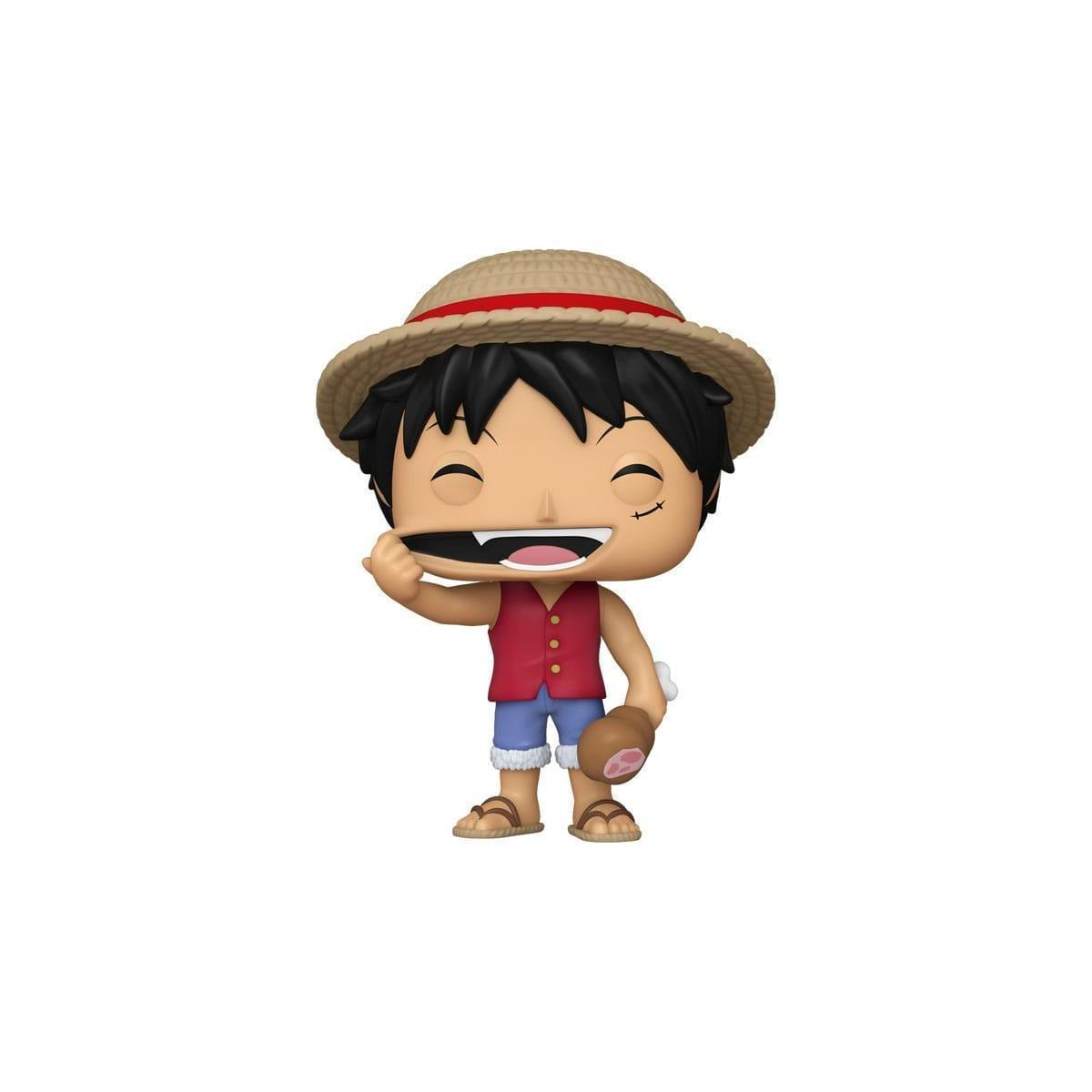 Luffy z One Piece figurka Funko Pop, noszący słomkowy kapelusz, uśmiechnięty, trzymający mięso.