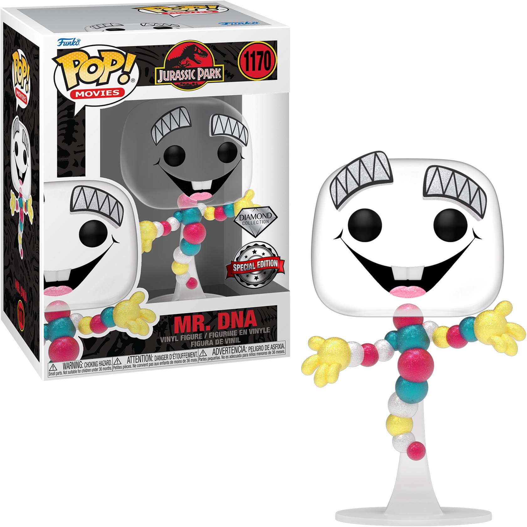 Mr. DNA-Figur aus Jurassic Park mit Box. Weiße Figur mit bunten Gliedmaßen. Weißer Hintergrund.