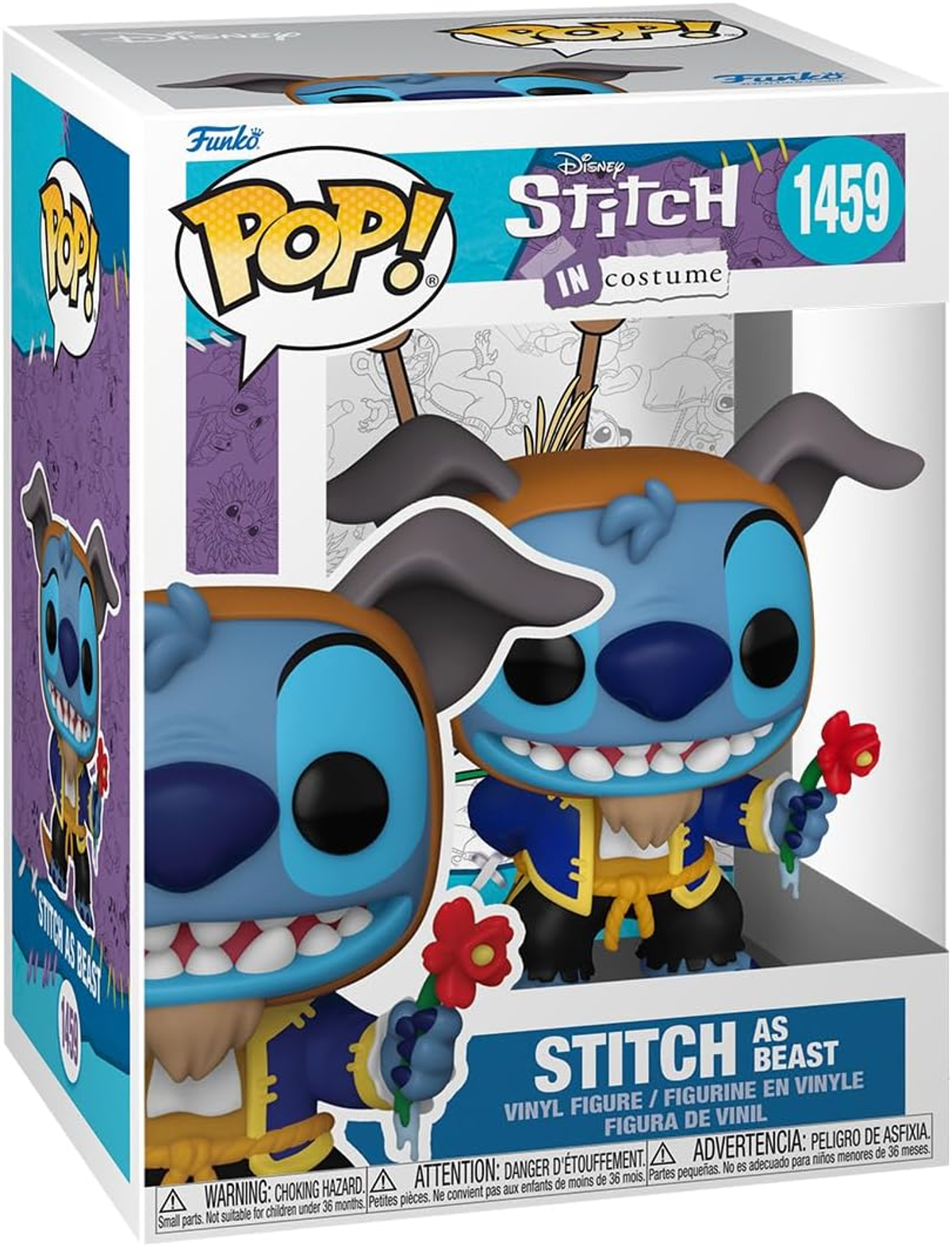 Figura Funko Pop! de Stitch como Bestia de La Bella y la Bestia, en una caja. Fondo: gráficos de la caja.