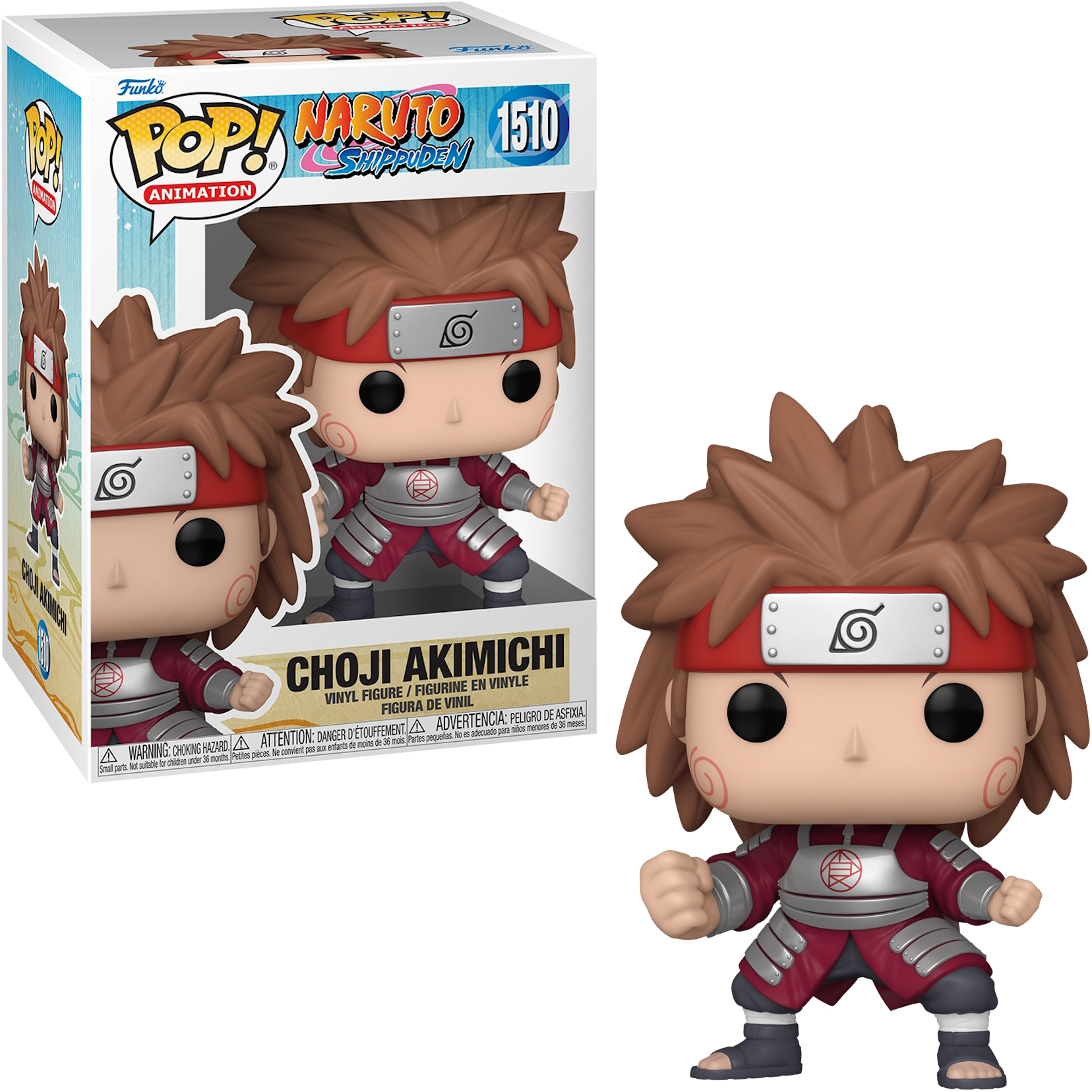 Scatola e figura Funko Pop di Choji Akimichi, da Naruto Shippuden, con design dettagliato.