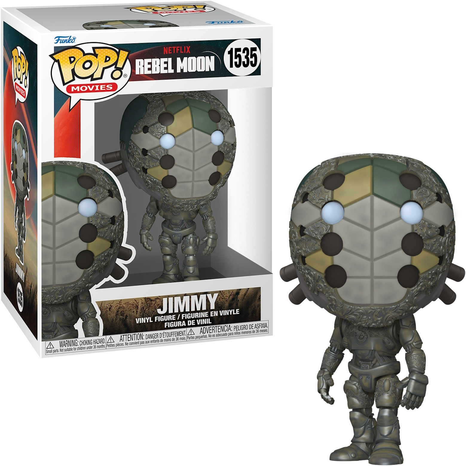 Pudełko Funko Pop z figurką w środku. Figurka to szara, przypominająca robota istota.
