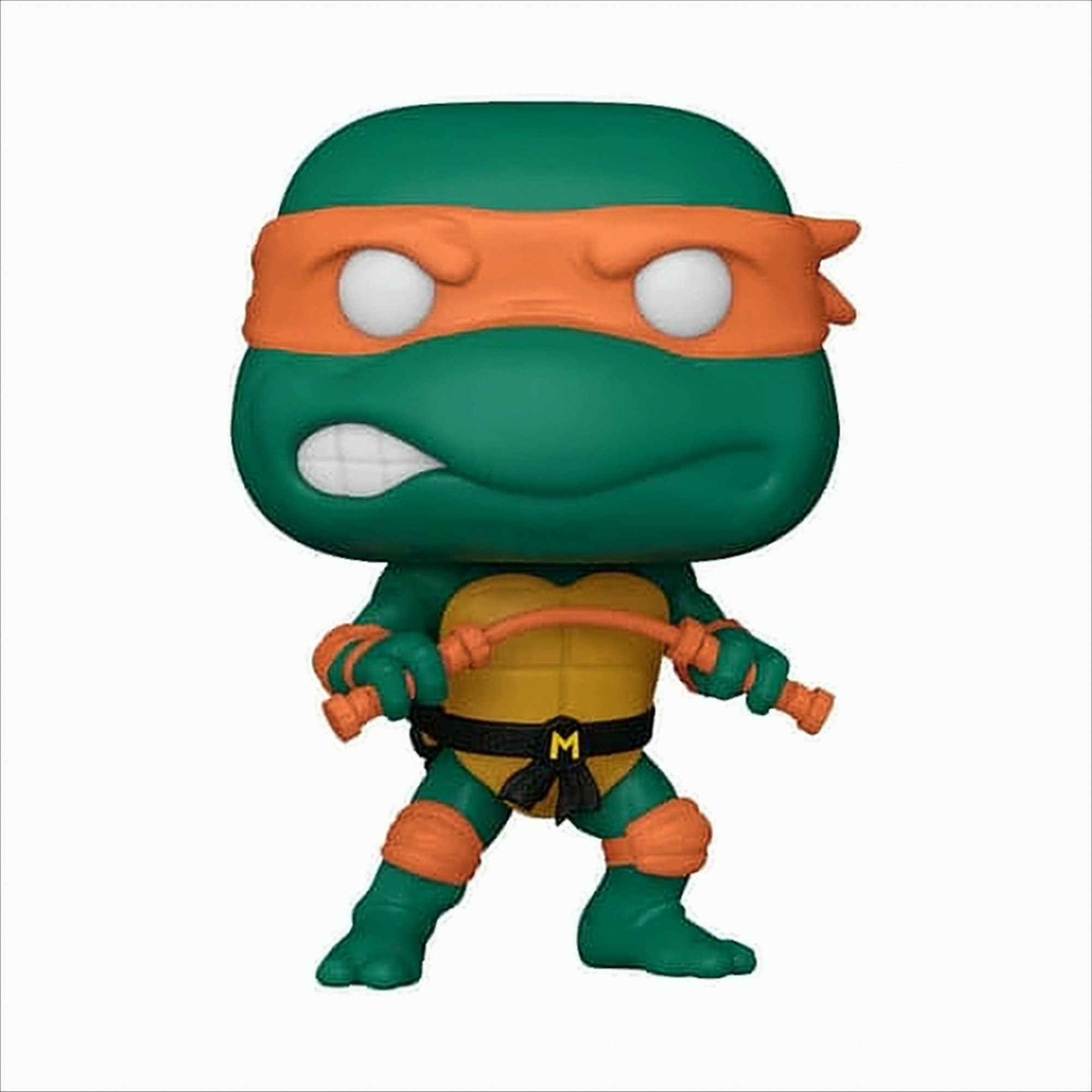 Figura de Michelangelo, TMNT con máscara naranja, sosteniendo nunchakus, piel verde.