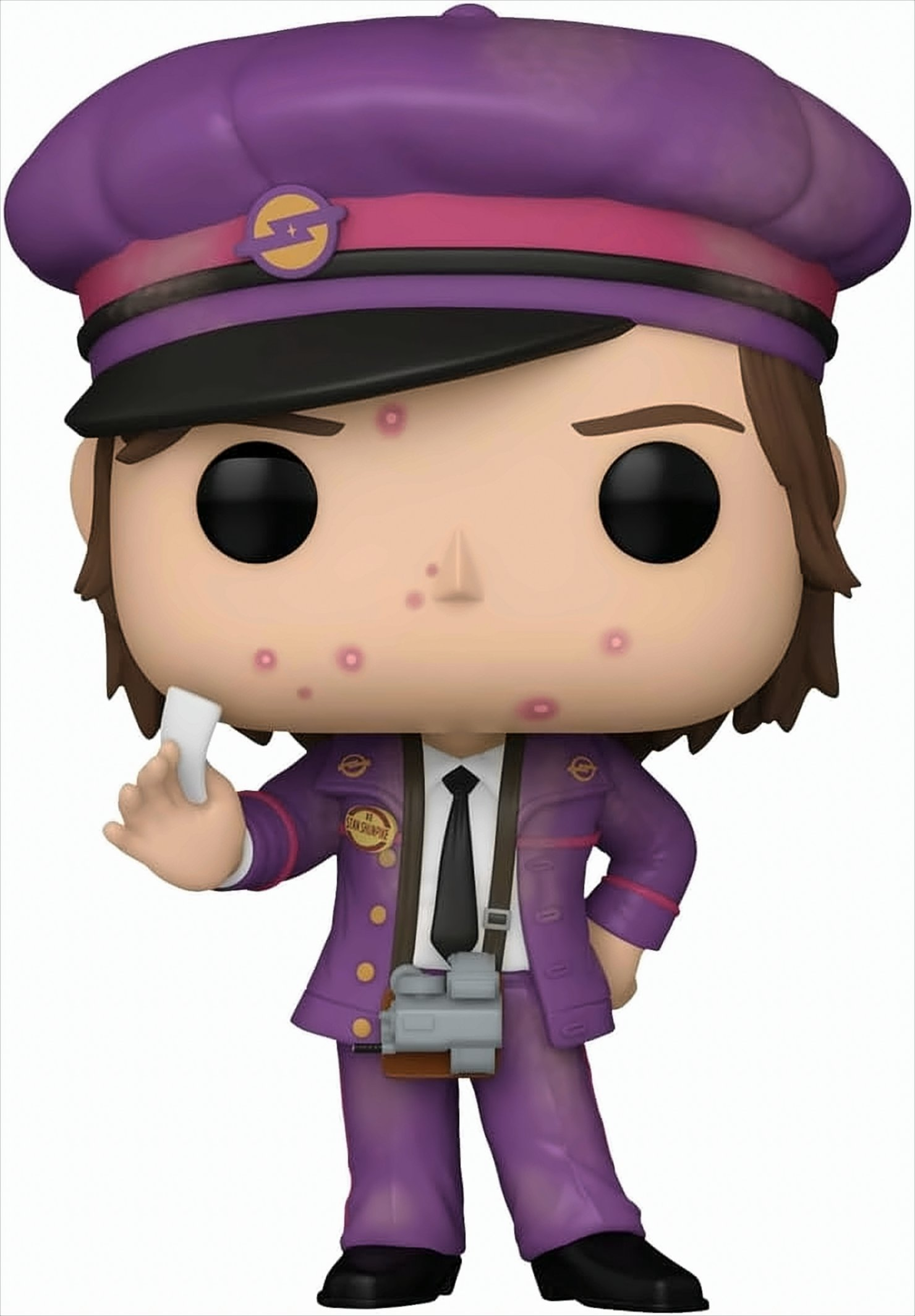 Figura de Stan Shunpike con uniforme morado, sosteniendo un boleto. Harry Potter Pop.