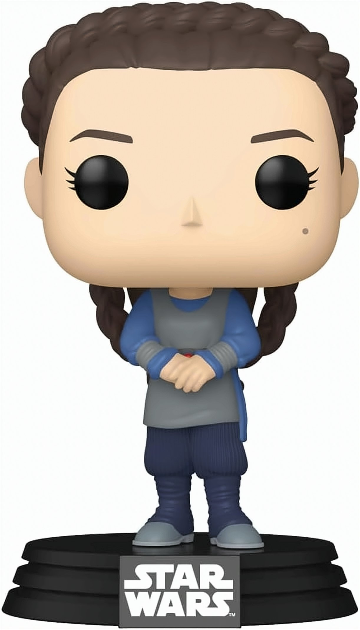 Figura Funko Pop de Star Wars de una mujer con trenzas, ropa azul y gris.