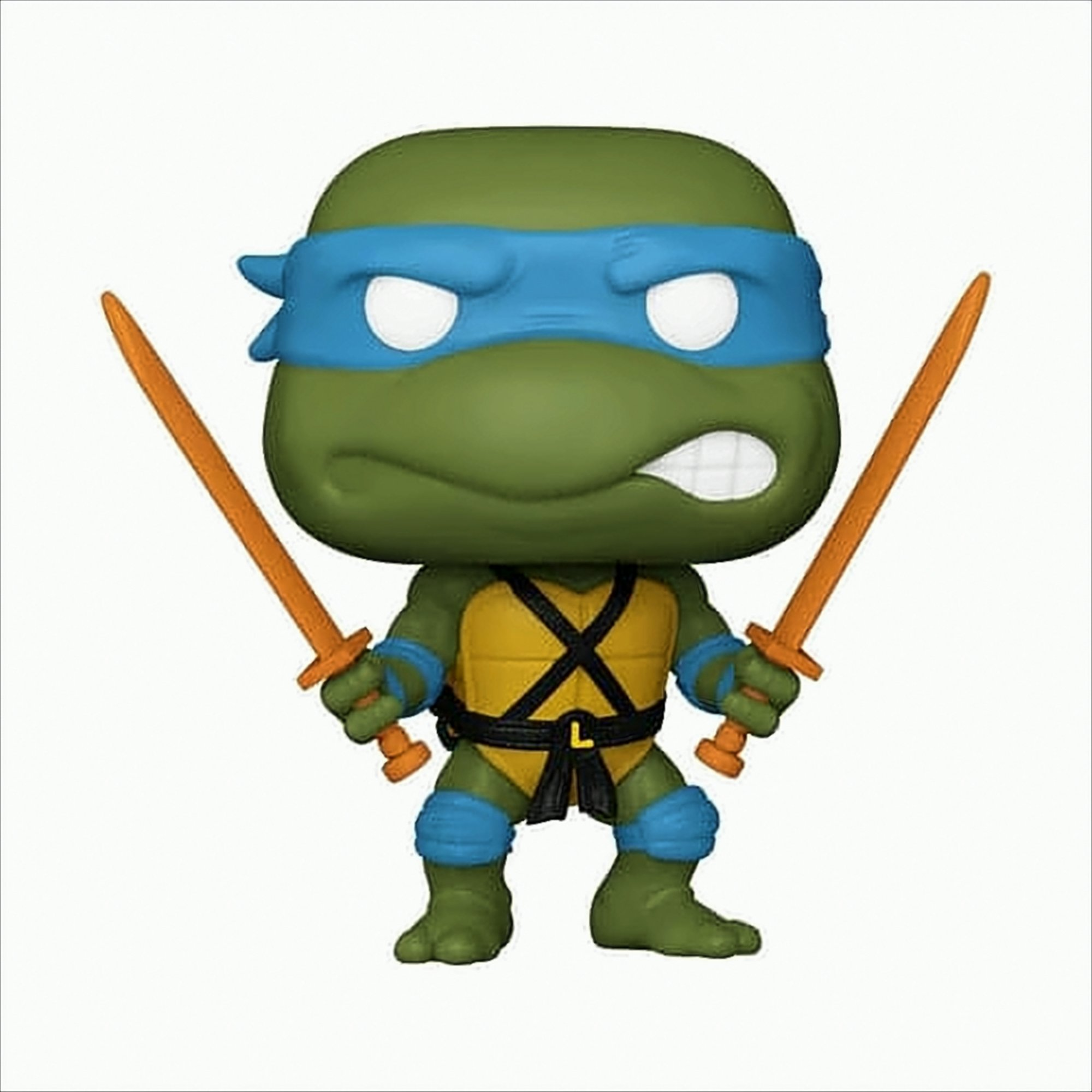 Figura de Leonardo, TMNT con máscara azul, sosteniendo espadas, piel verde.