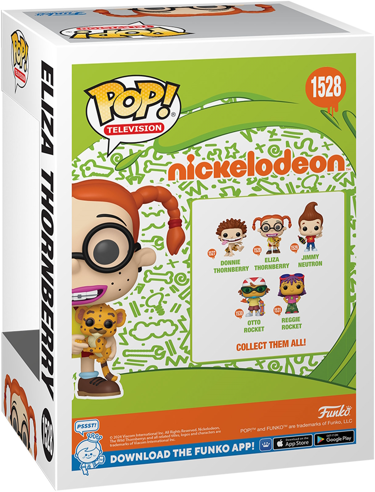 Parte trasera de una caja de Funko Pop de Eliza Thornberry de Nickelodeon. Muestra a Eliza, Jimmy Neutron y otros personajes de dibujos animados.