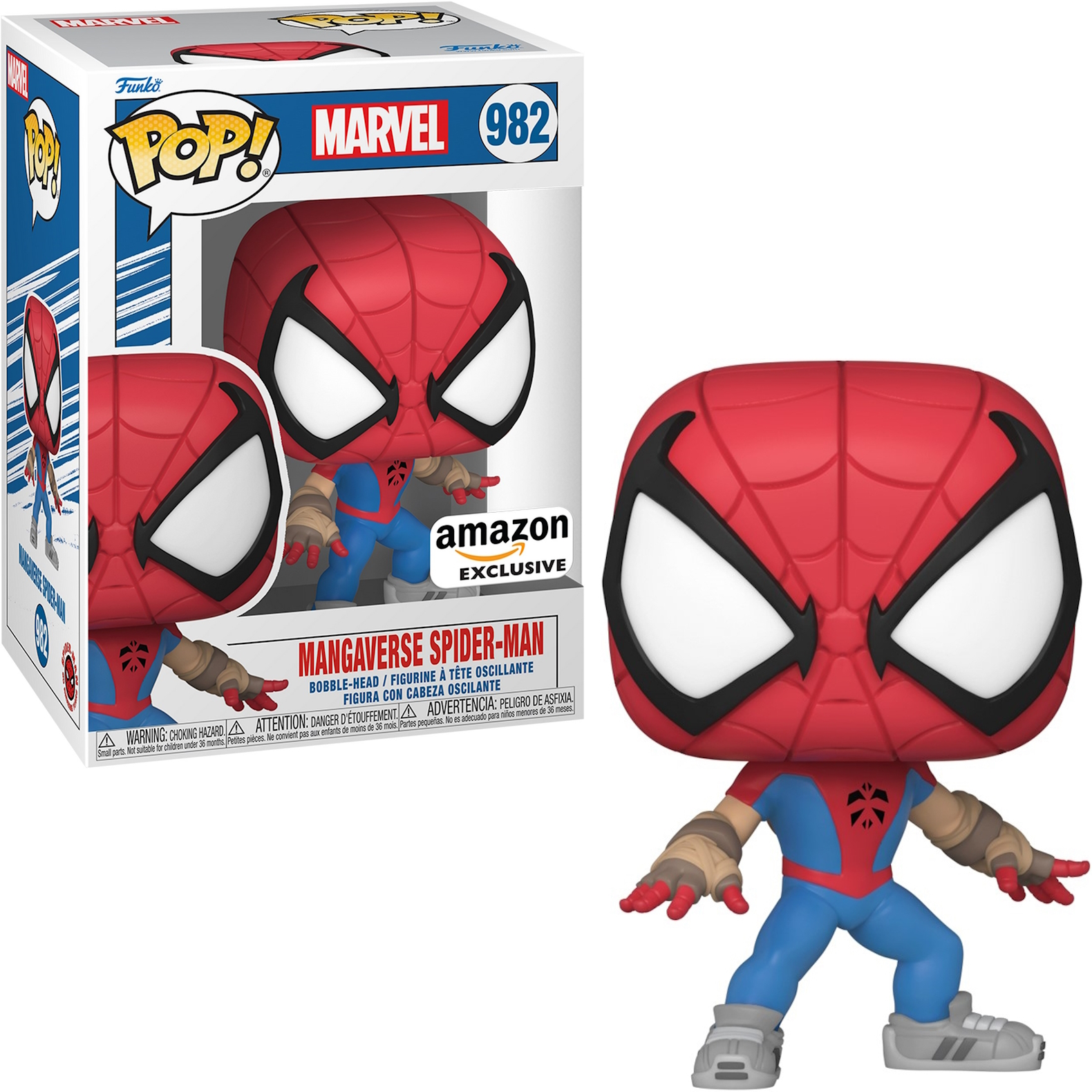 Una figura de Spider-Man Funko Pop en una caja, con la figura de pie frente a ella.
