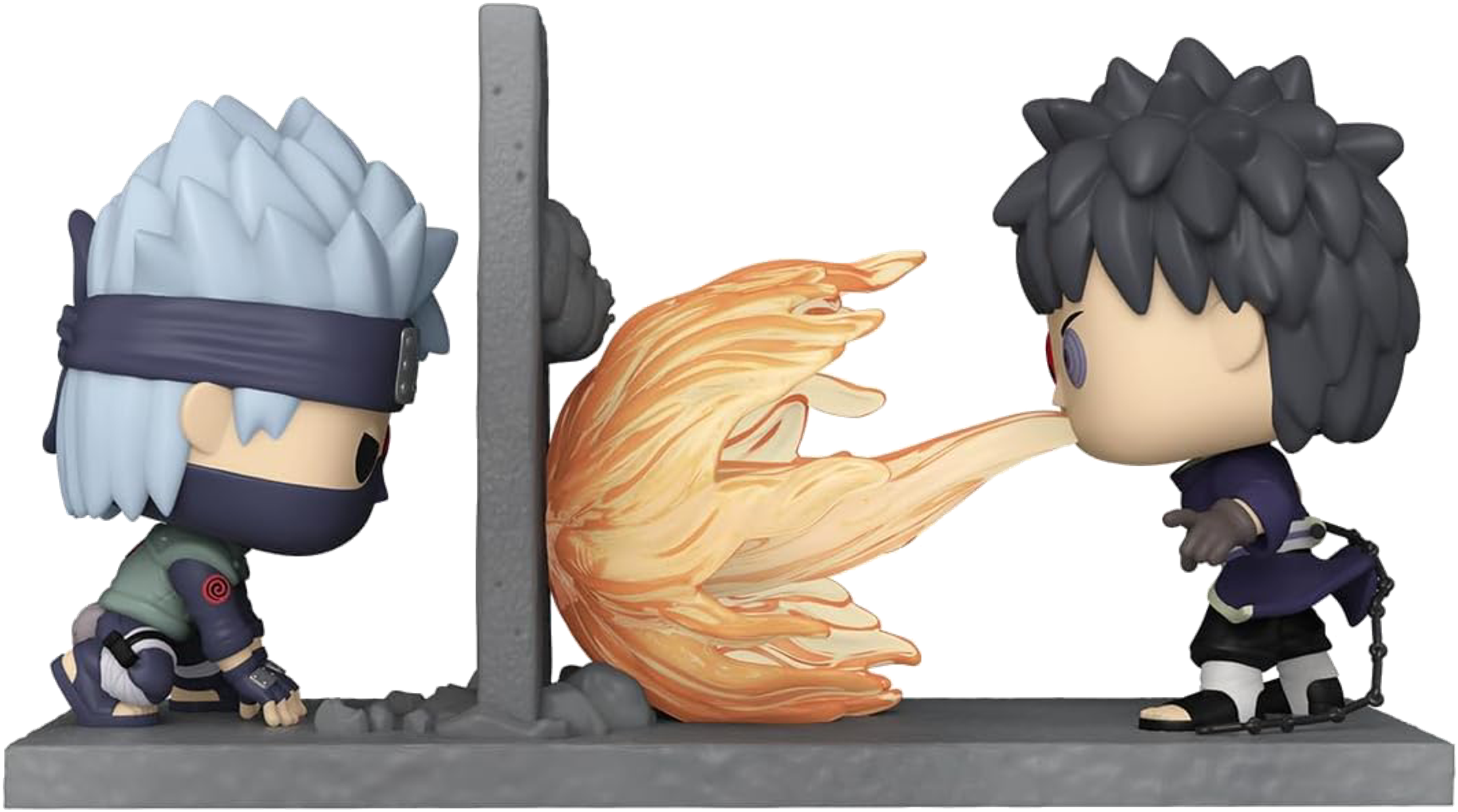 Un conjunto de figuras Funko Pop. Dos figuras, una con efecto de llama, y una pared gris. Estilo caricatura.