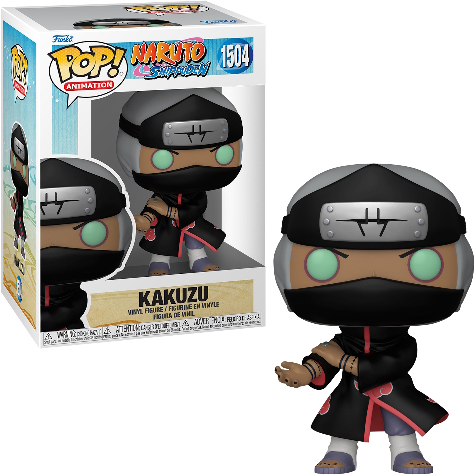 Figura Kakuzu Funko Pop dentro e fuori dalla scatola. Abito nero Akatsuki, fascia grigia, occhi verdi, maschera.