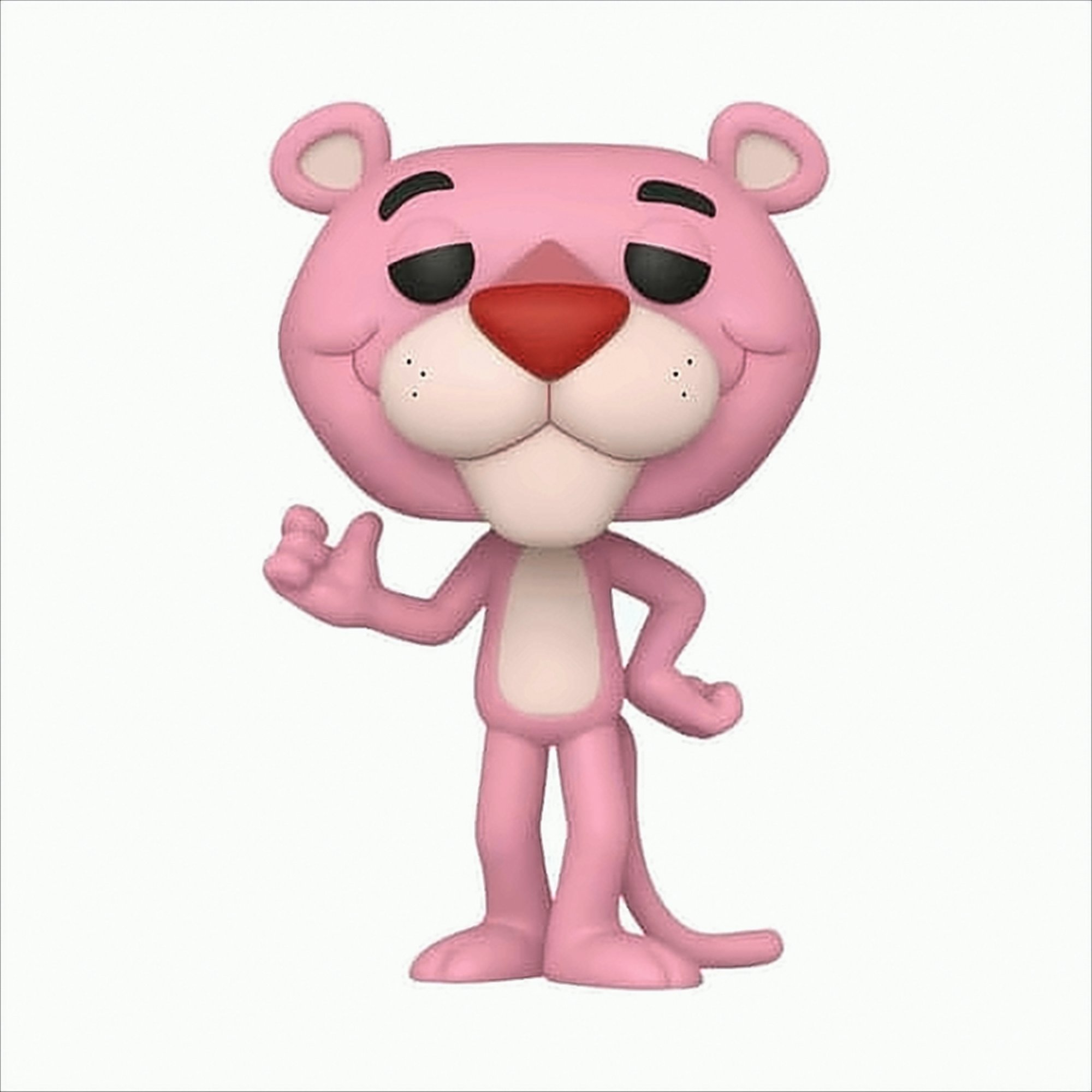 Figura de la Pantera Rosa en pose clásica, sonriendo con nariz roja, sobre fondo blanco.