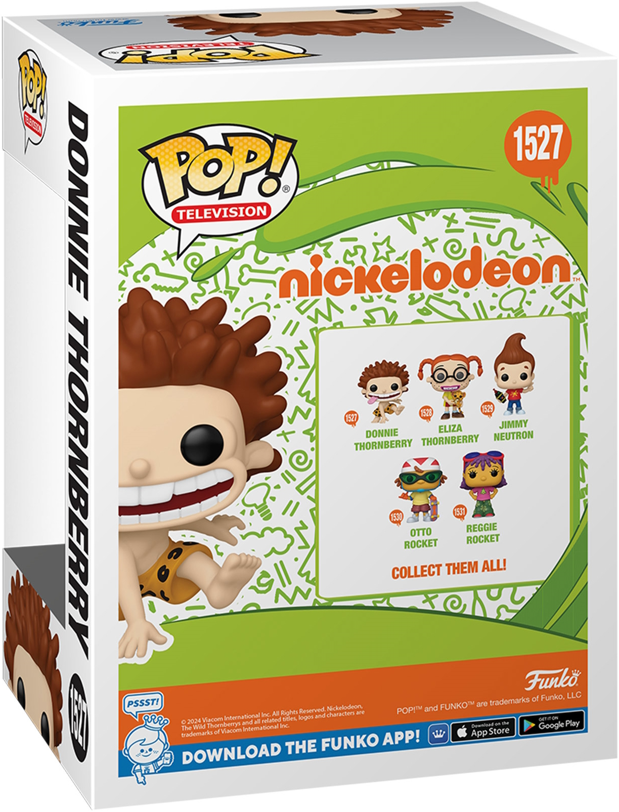 Parte trasera de una caja Funko Pop con Donnie Thornberry, con imágenes de personajes y logotipo de Nickelodeon.